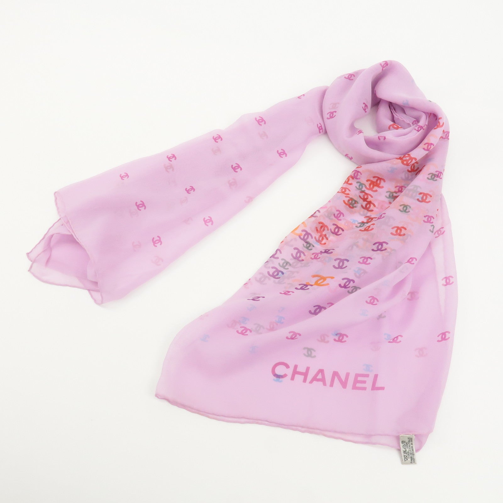 CHANEL 100% Silk Coco Mark Stole Pink Multi Color Used