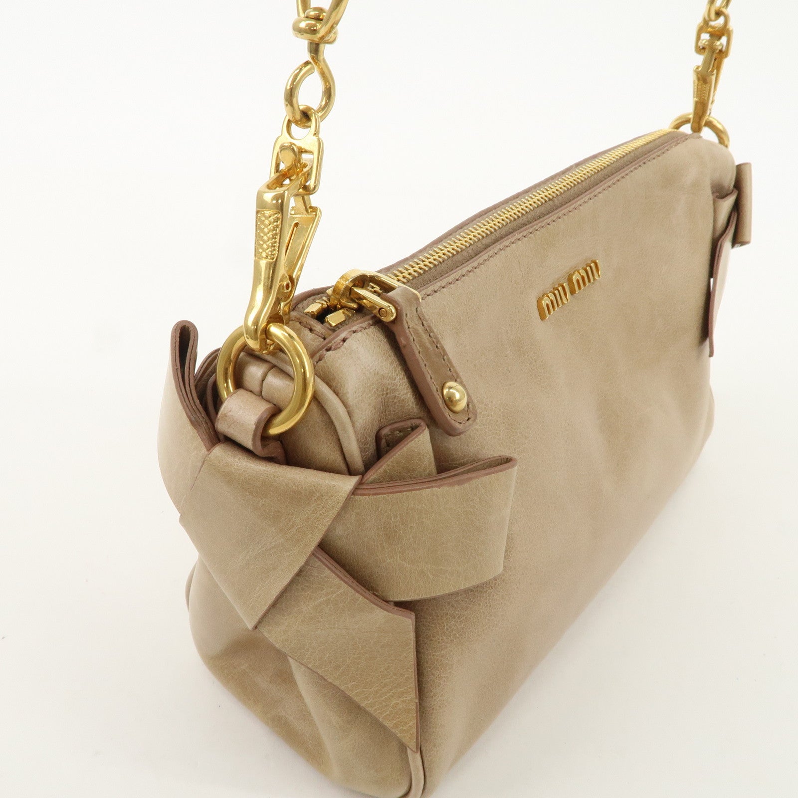 MIU MIU Leather Shoulder Bag Beige Gold Hardware Used