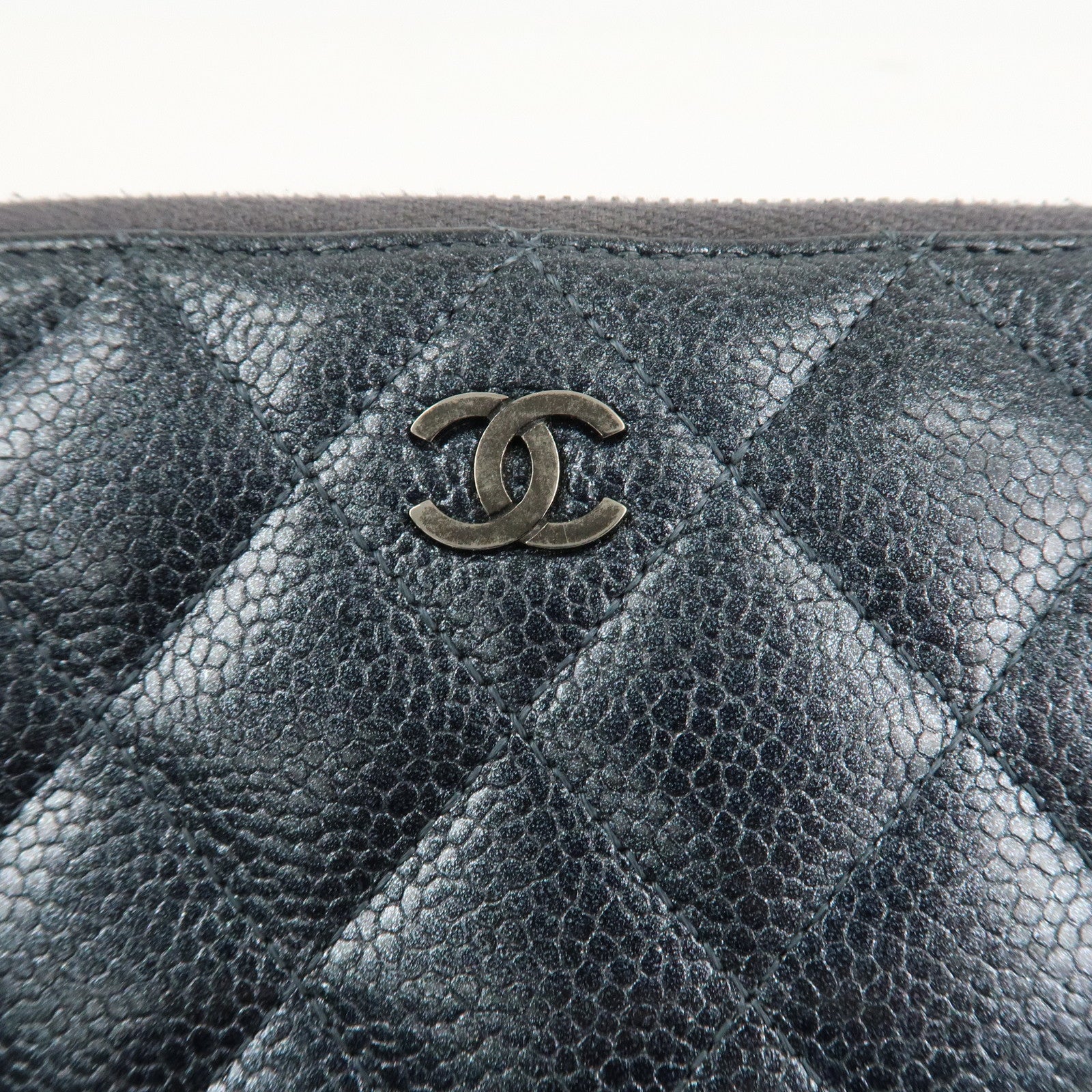 CHANEL Matelasse Caviar Skin Zip Around Long Wallet Metal Blue