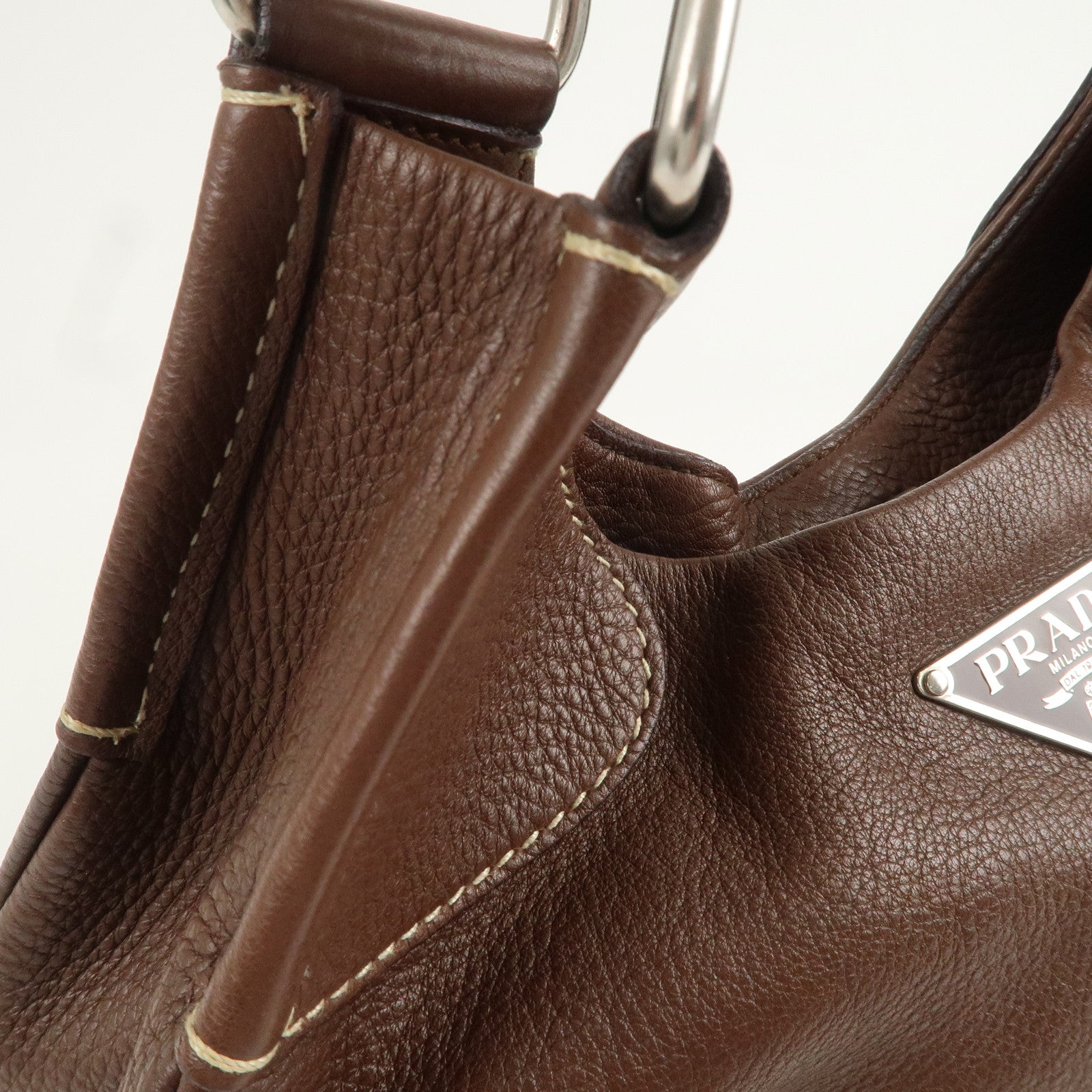 PRADA Logo Leather Shoulder Bag Hand Bag Brown