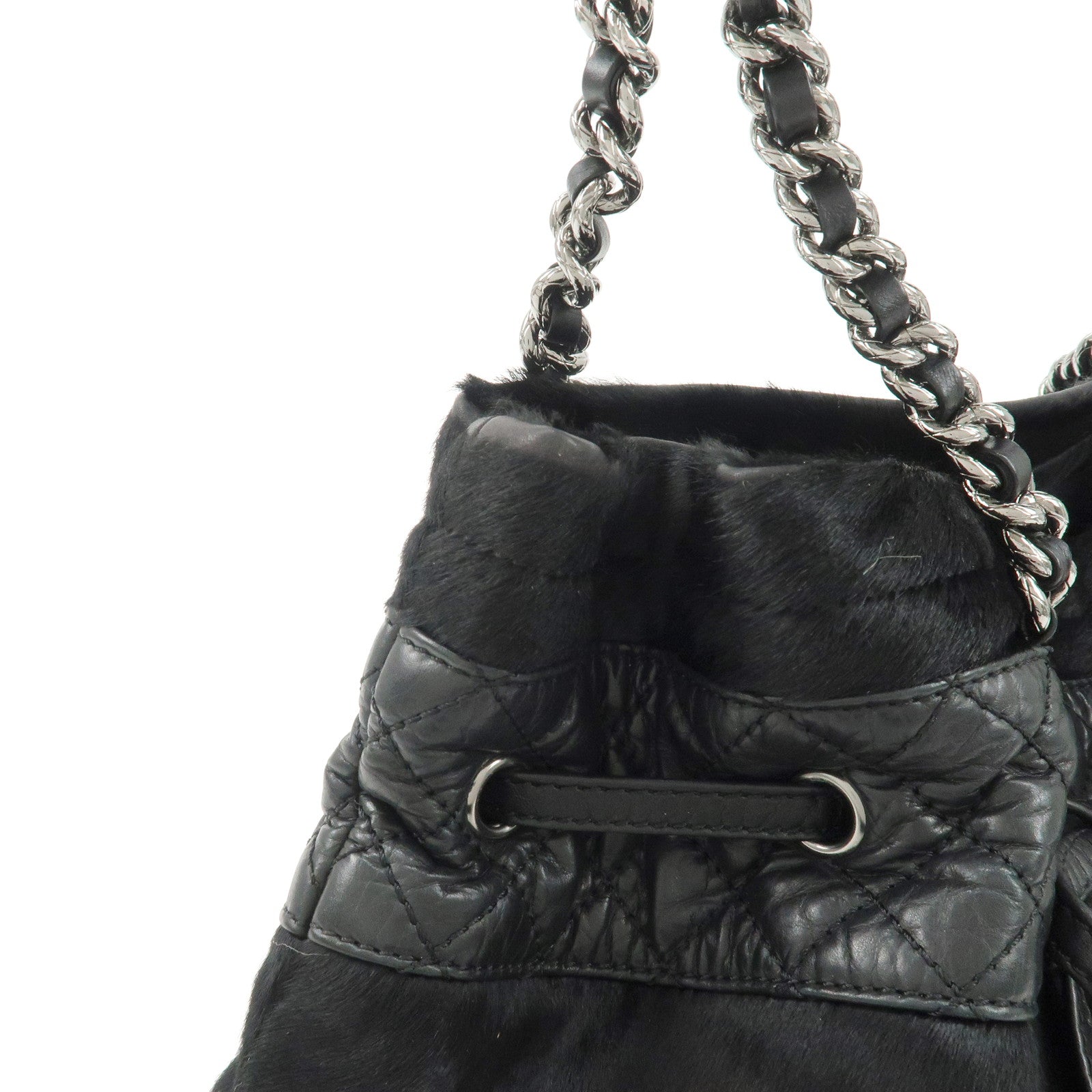 CHANEL Matelasse Pony Hair Leather Chain Drawstring Tote Bag Used