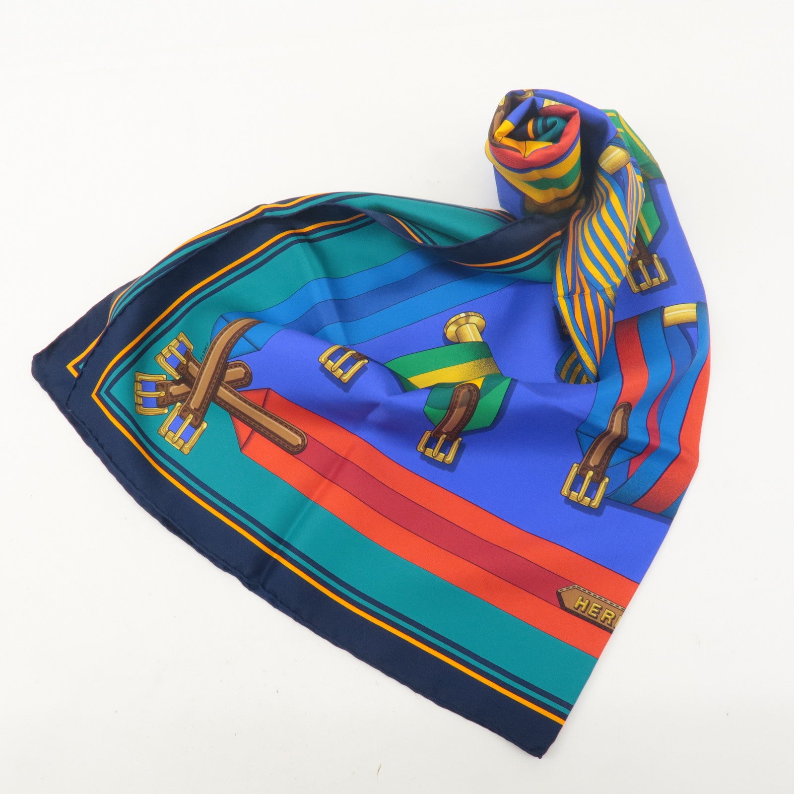 HERMES Carre 90 100% Silk Scarf Les Sangles Blue Green Yellow Red