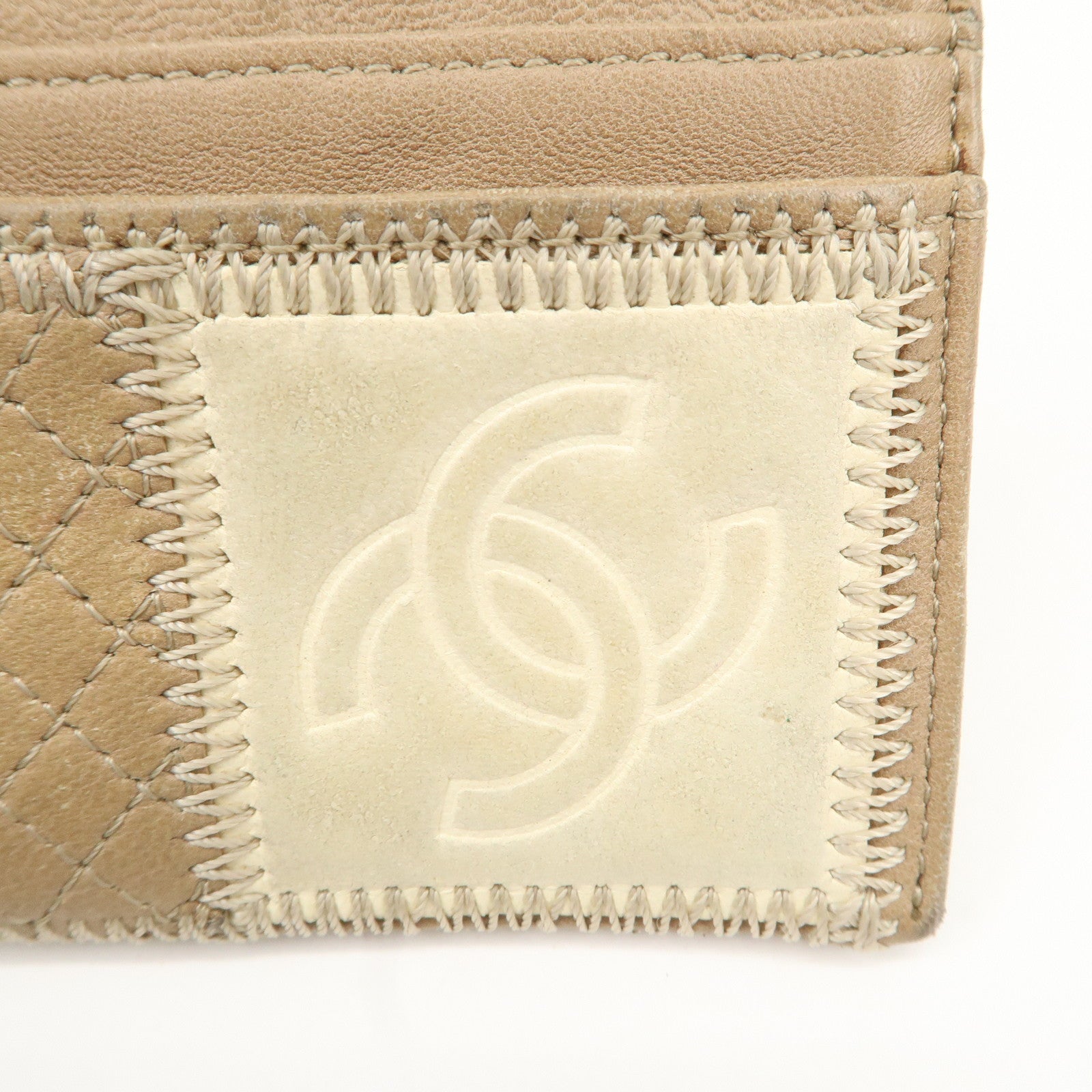 CHANEL Leather Icon Patch Work Card Case Beige