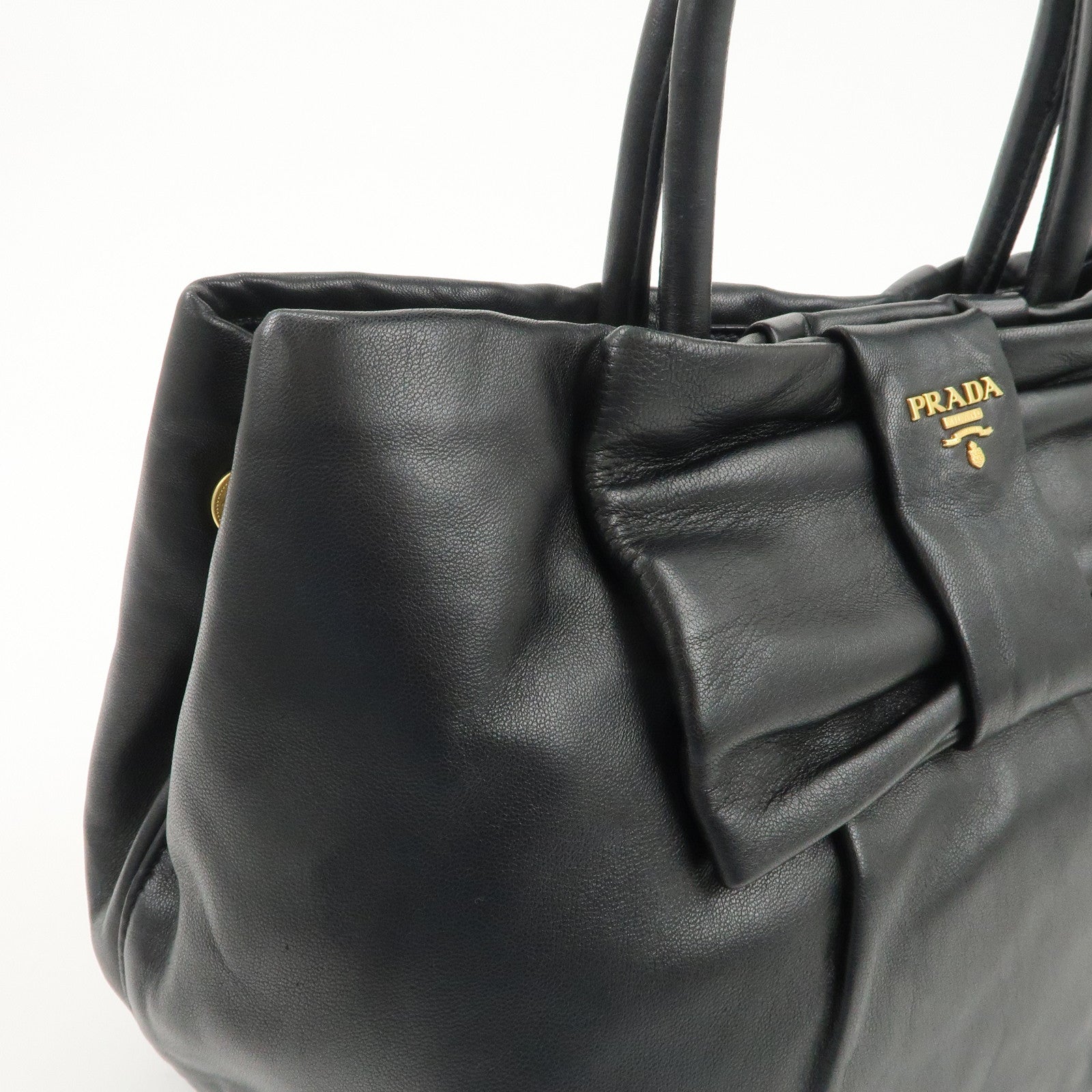 PRADA Leather Ribbon Tote Bag Hand Bag NERO Black BN1601 Used