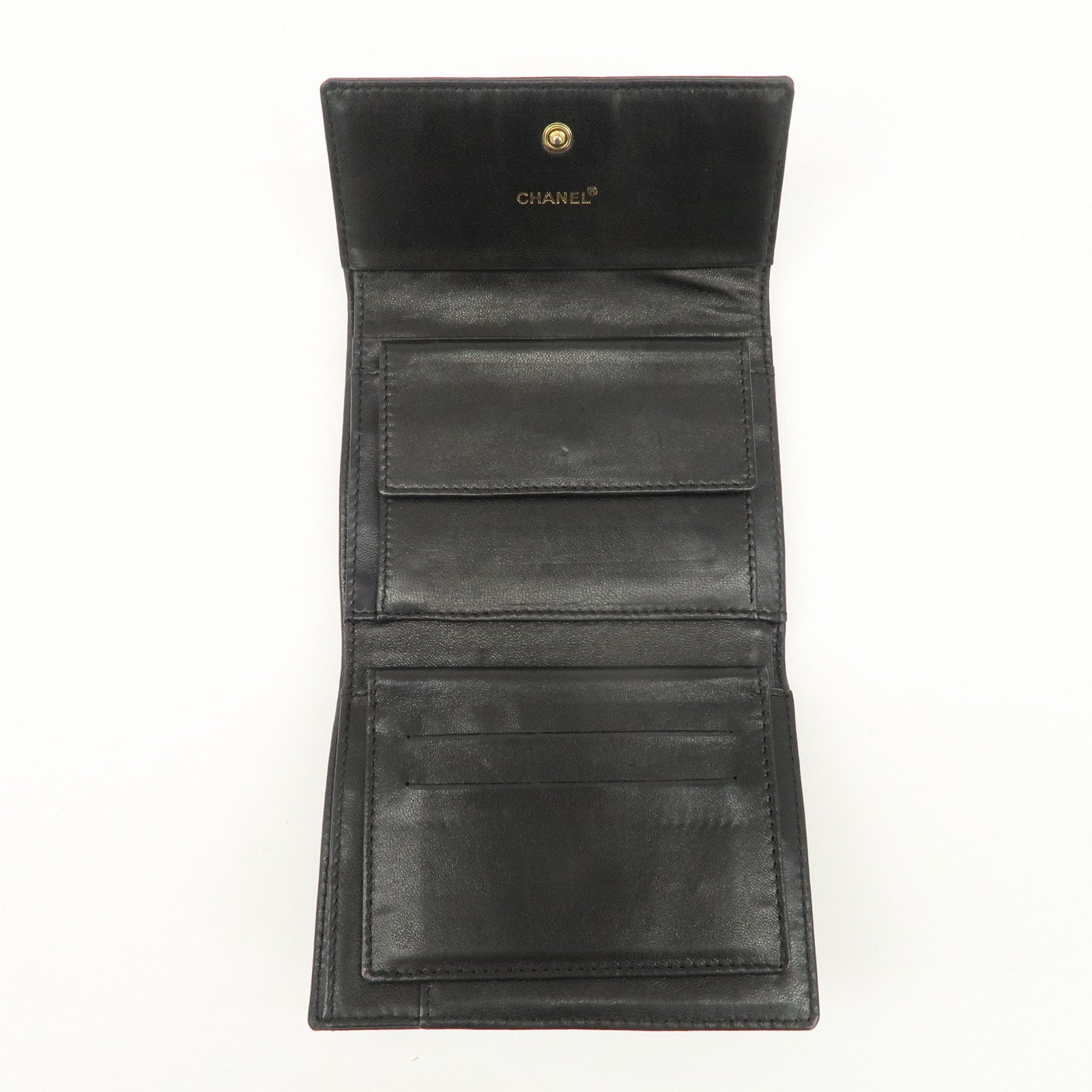 CHANEL Chocolate Bar Lambskin Tri-fold Wallet Black A17811 Used