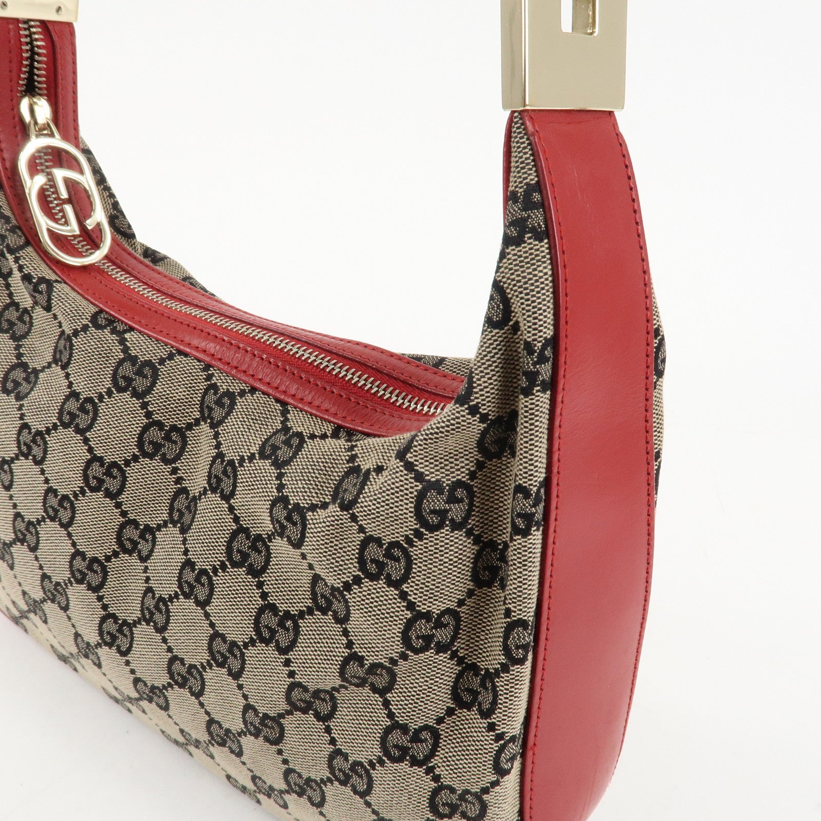 GUCCI GG Canvas Leather One-Shoulder Bag Beige Navy Red 001.3812