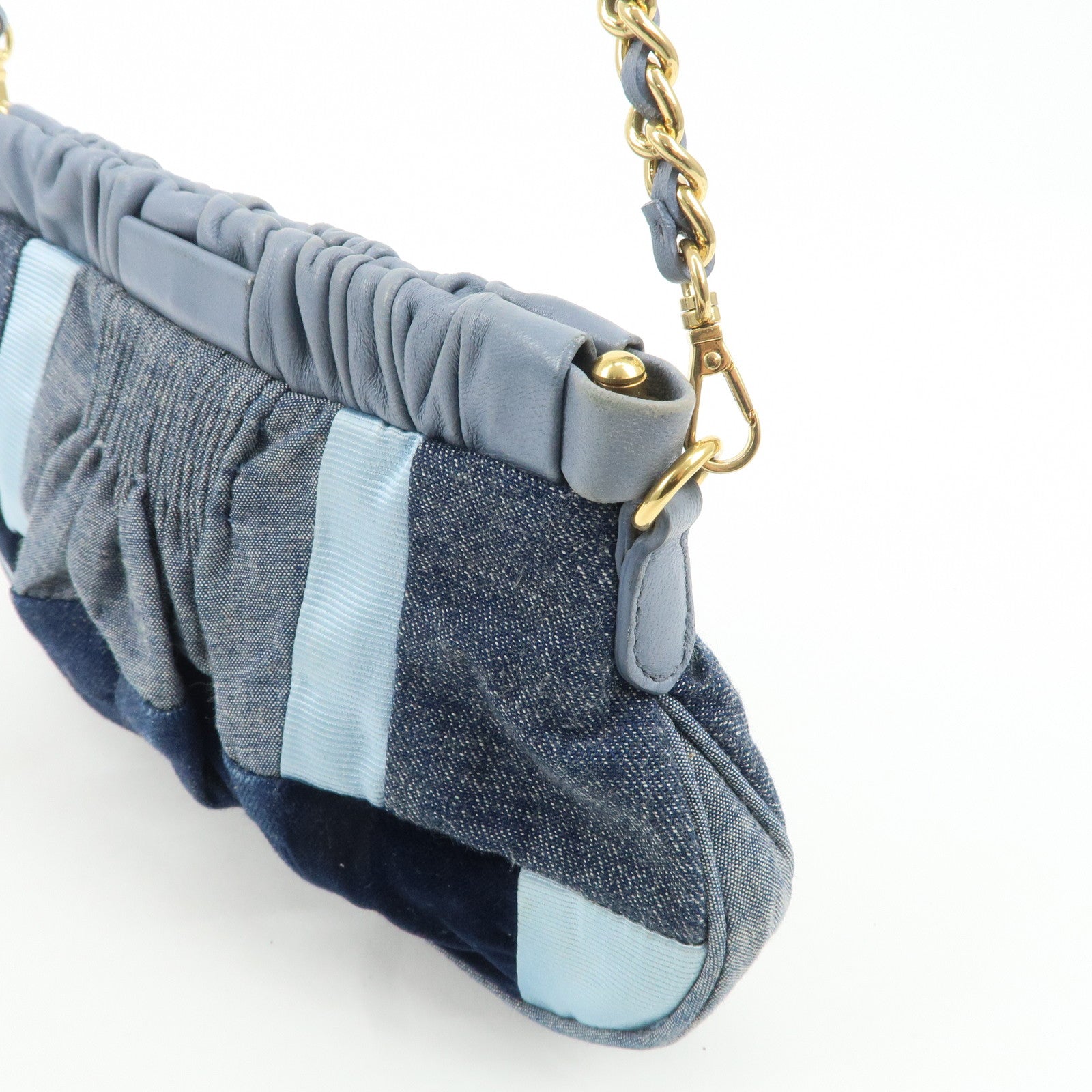 MIU MIU Denim Velour Leather Patches Shoulder Bag Blue Navy