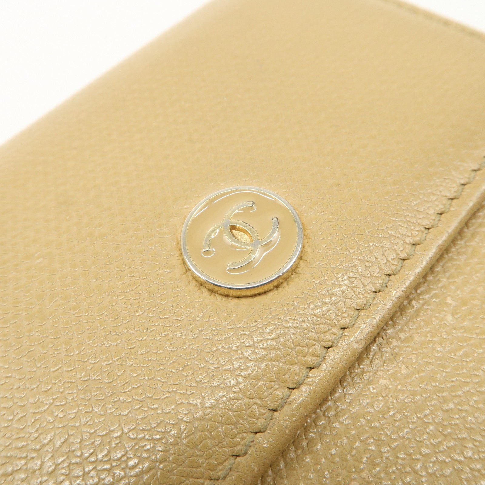 CHANEL Leather COCO Botton W Hook Wallet Beige