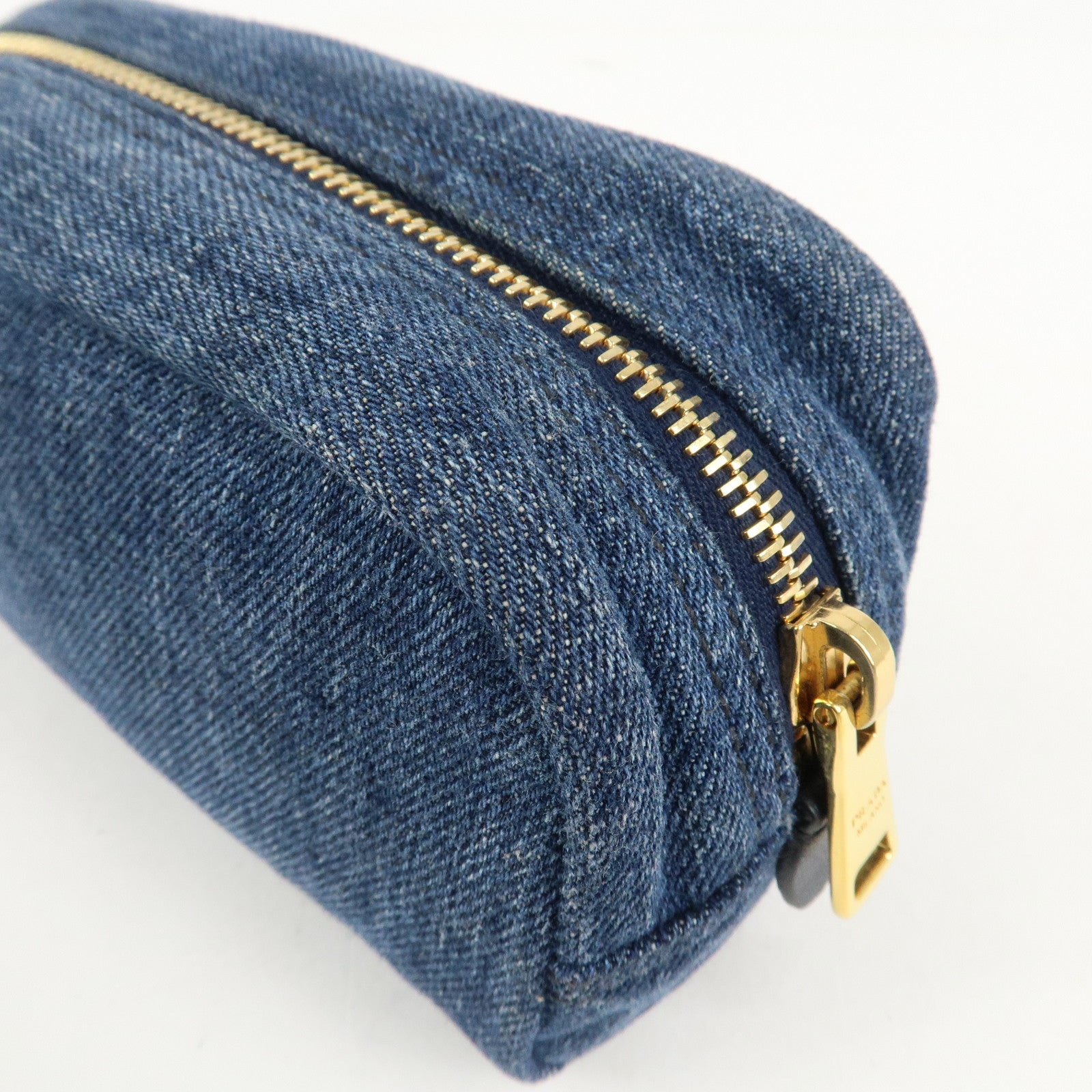 PRADA Triangle Logo Denim Pouch Cosmetic Pouch Blue