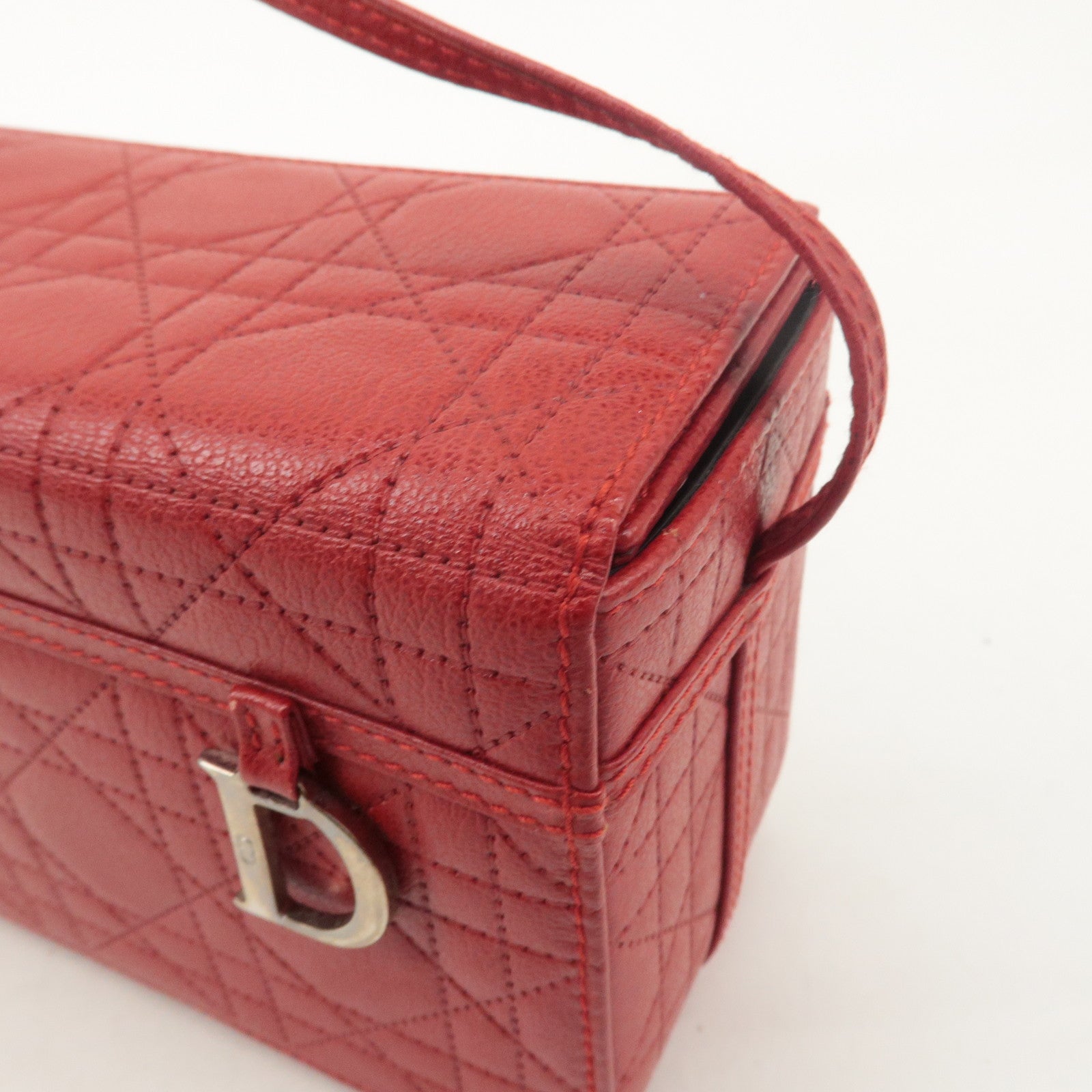 Christian Dior Leather Cannage Vanity Bag Hand Bag Red