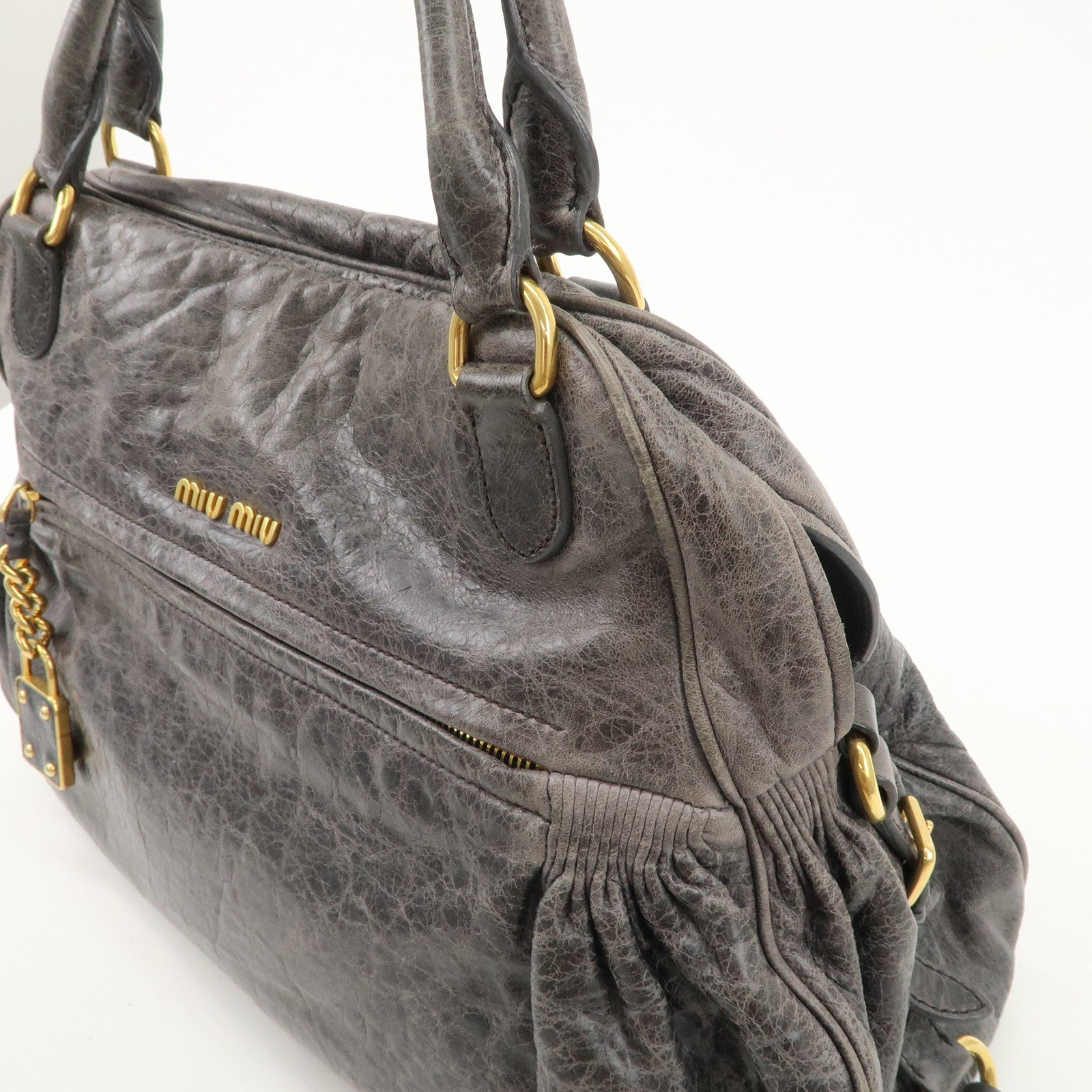 MIU MIU Leather Hand Bag Shoulder Bag Gray Gold Hardware Used