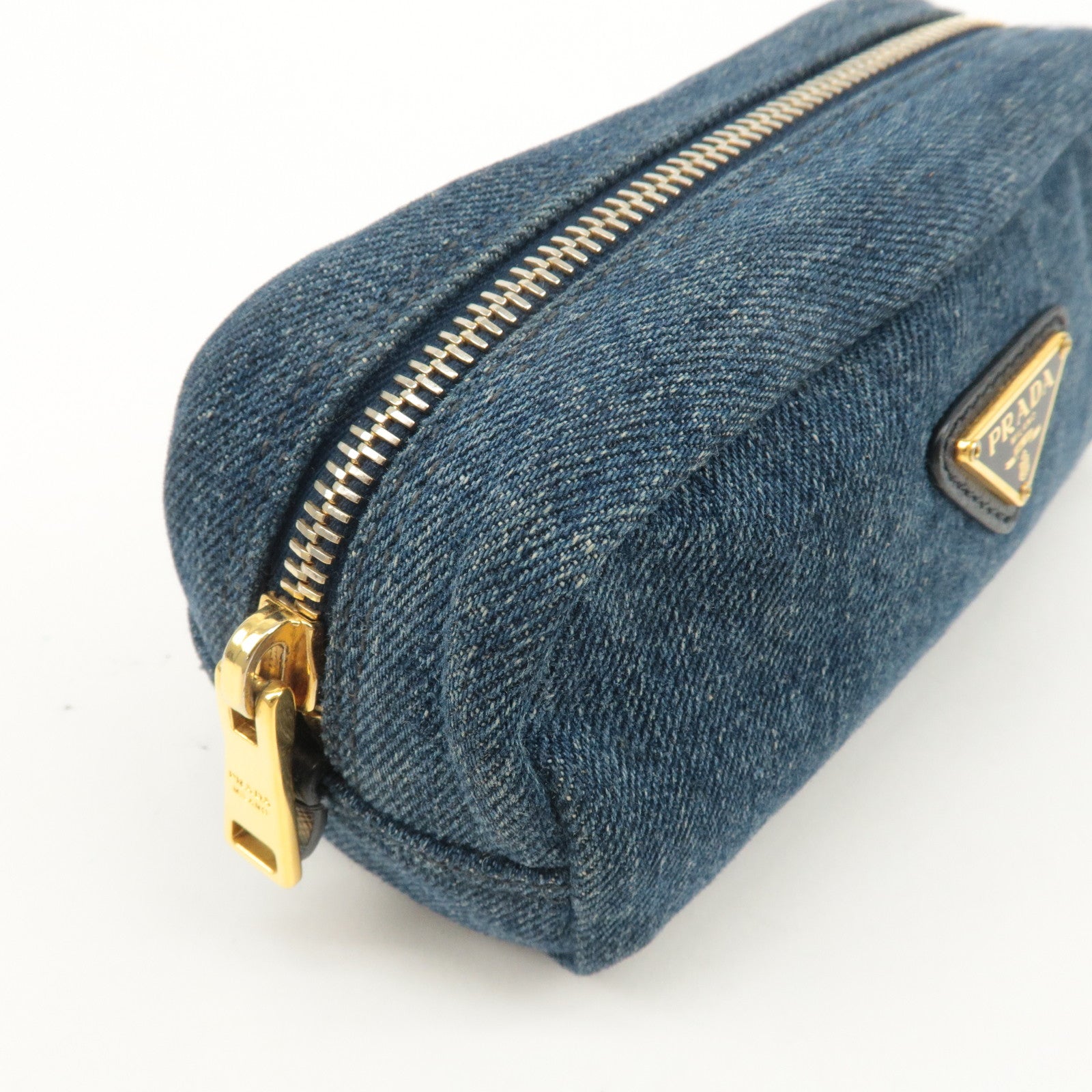 PRADA Logo Denim Pouch Cosmetic Pouch Blue Gold Hardware