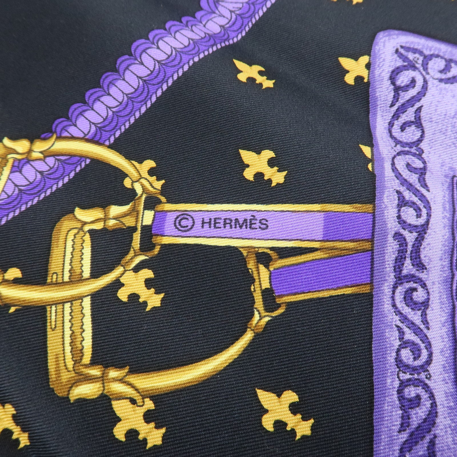 HERMES Carre 90 Silk 100% Scarf SELLES A HOUSSE Black Purple Gold Used