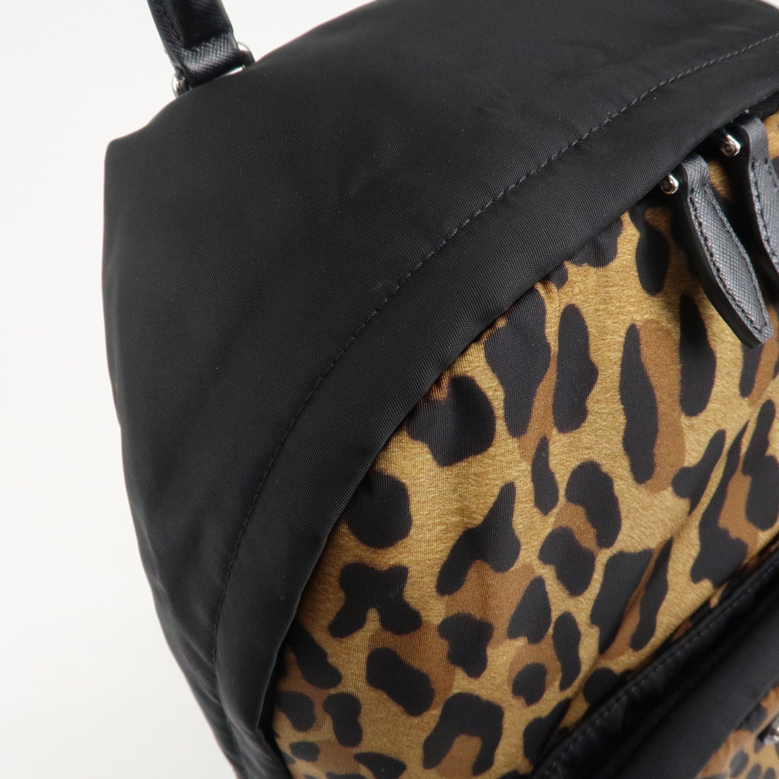 PRADA Leopard Nylon Leather Rucksack  Black Brown 1BZ001 Used