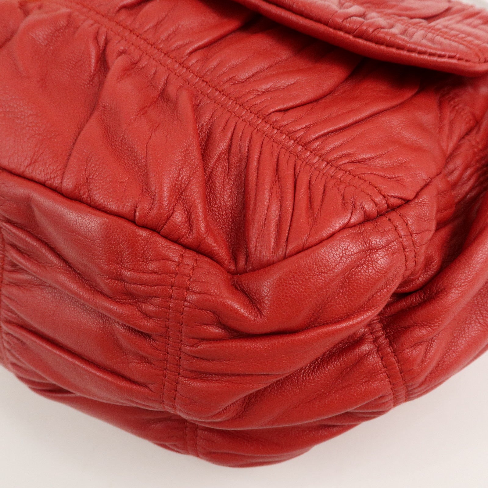 PRADA Logo Gathered Leather Shoulder Bag Hand Bag Red