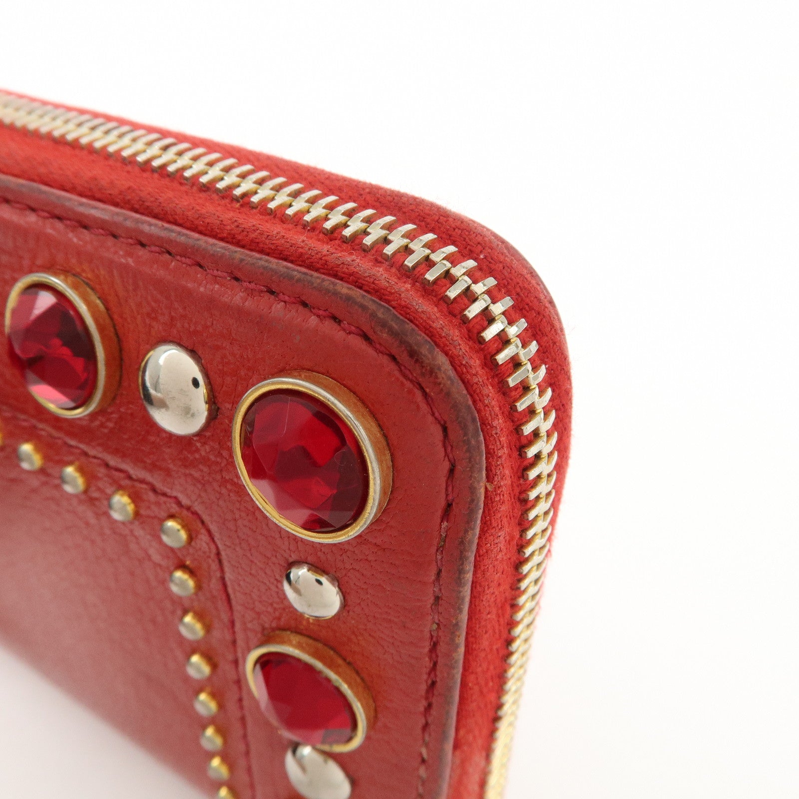 MIU MIU Leather Round Zipper Long Wallet Bijou Studs Red