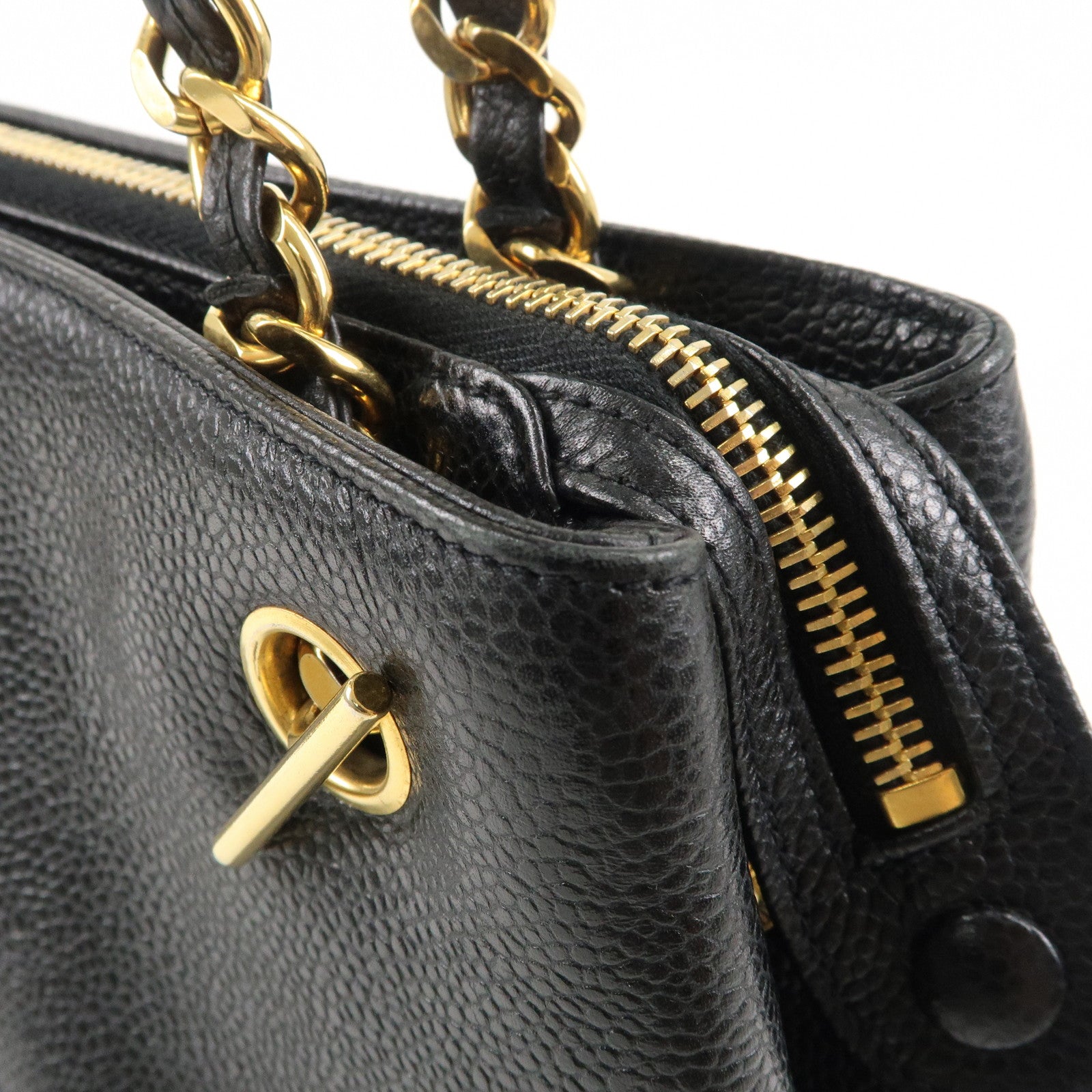 CHANEL Caviar Skin Chain Tote Bag Black Gold A03578