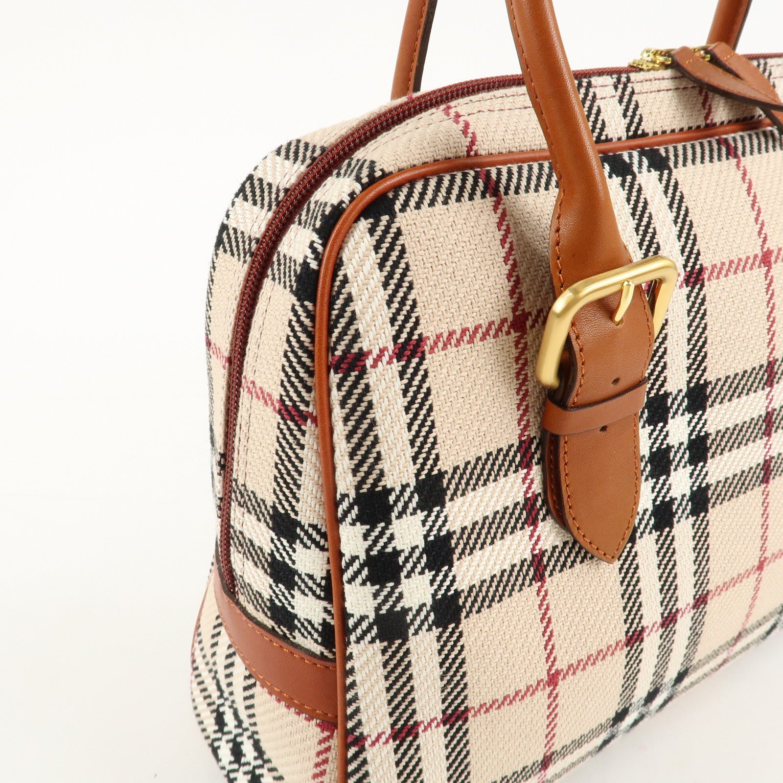 BURBERRY Leather Hand Bag Boston Bag Nova Plaid Brown