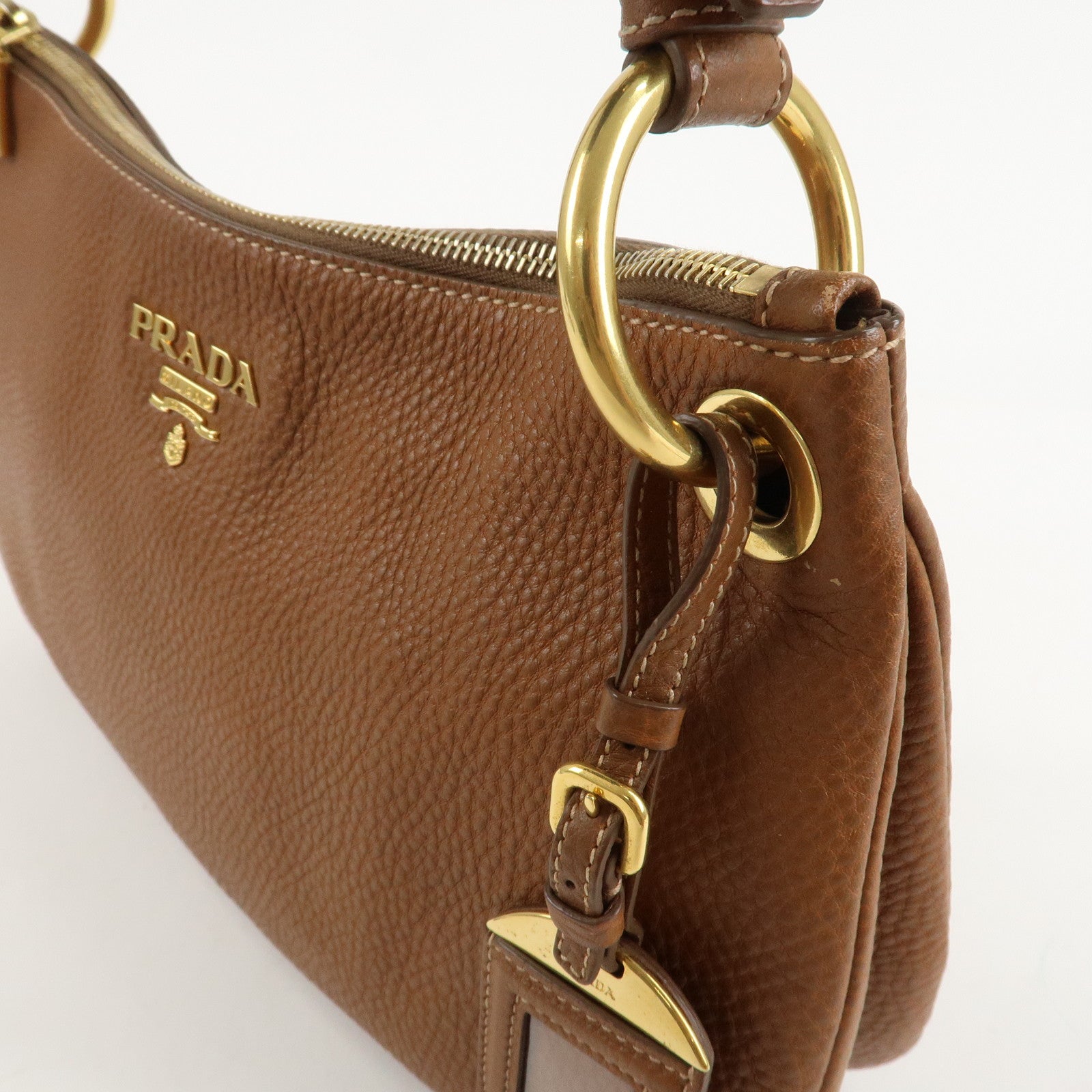 PRADA Leather Shoulder Bag Brown Gold Hardware B4894M Used