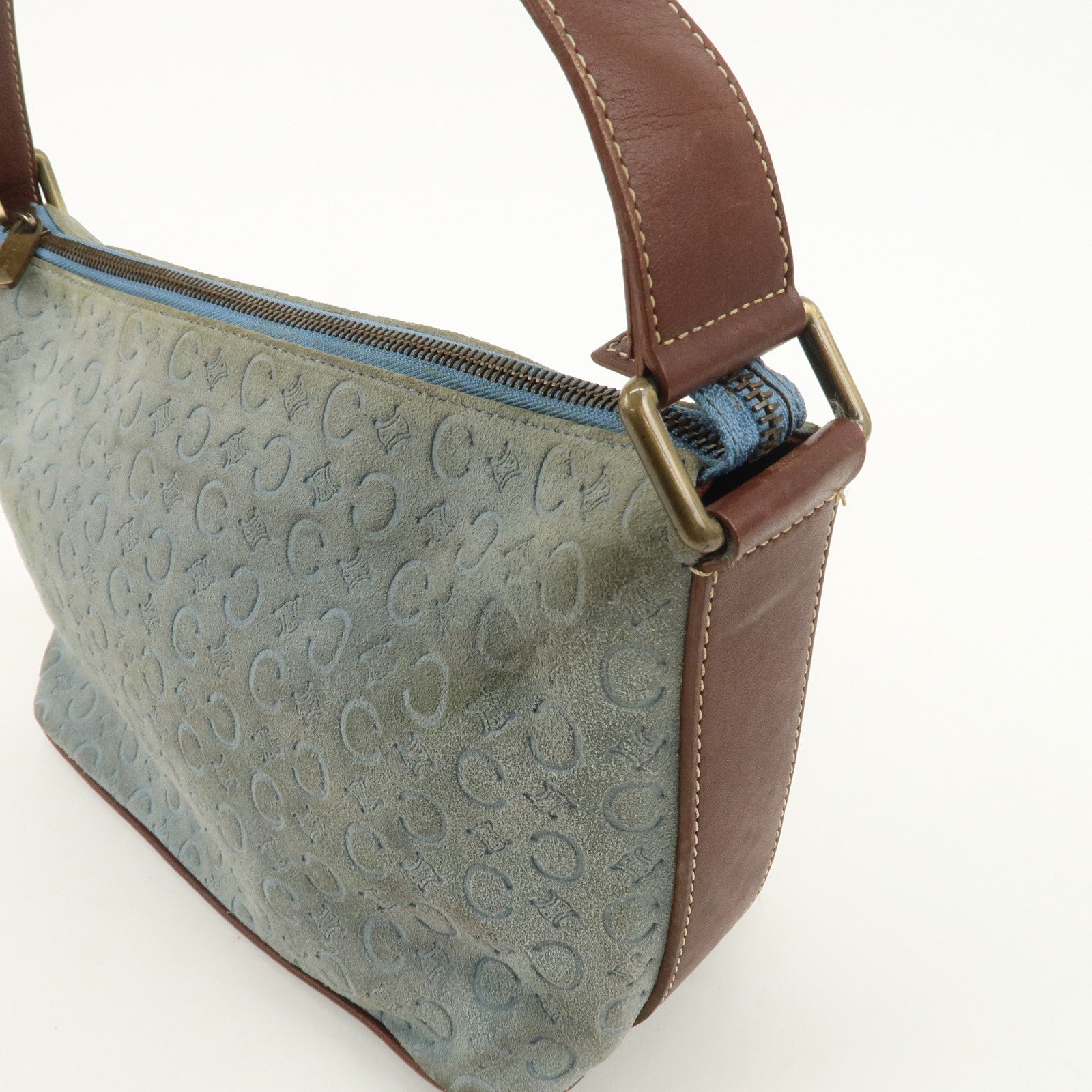 CELINE C Macadam Suede Leather Shoulder Bag Light Blue Brown Used