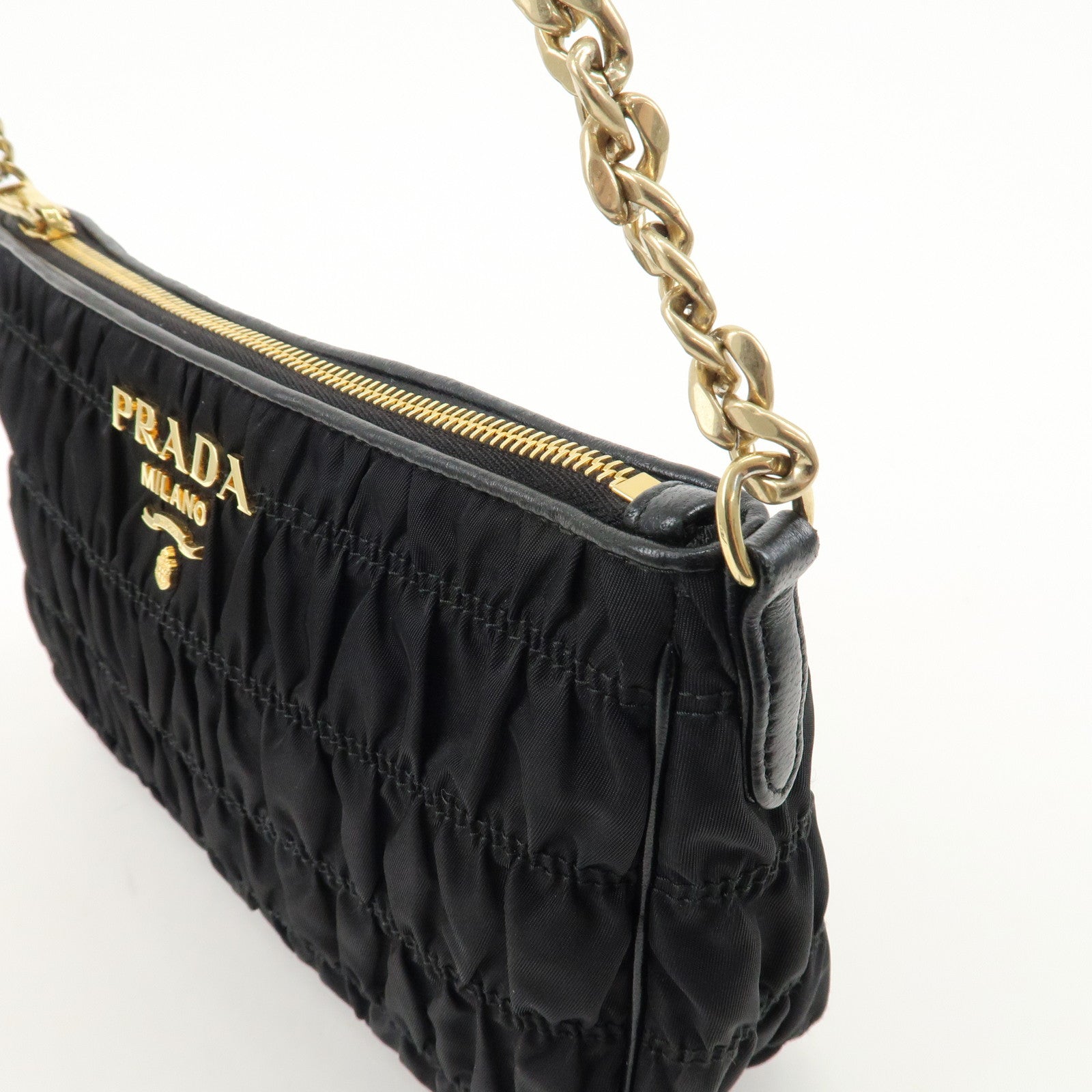 PRADA Nylon Leather Chain Shoulder Bag Black 1BH152