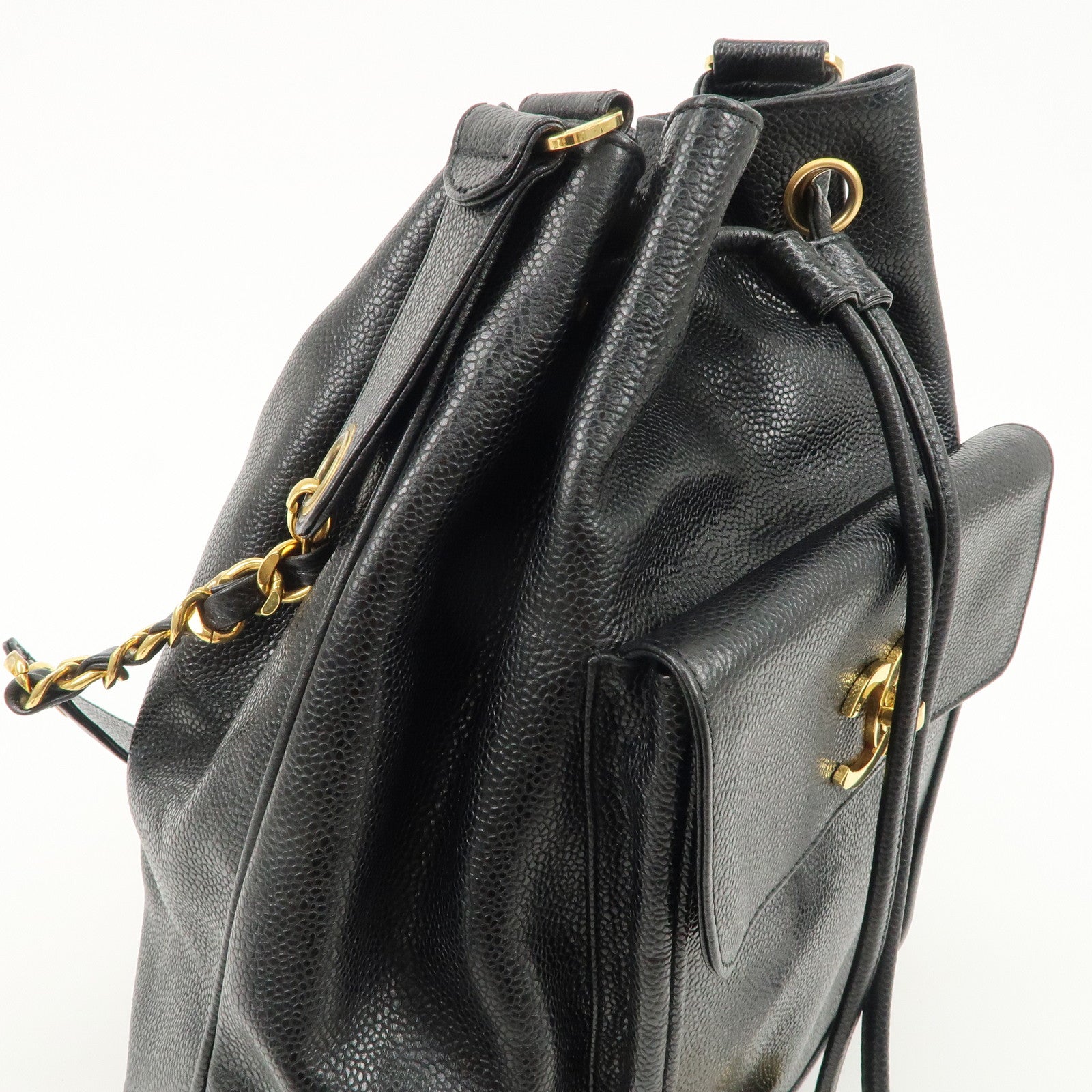 CHANEL Caviar SKin Drawstring Chain Shoulder Bag Black