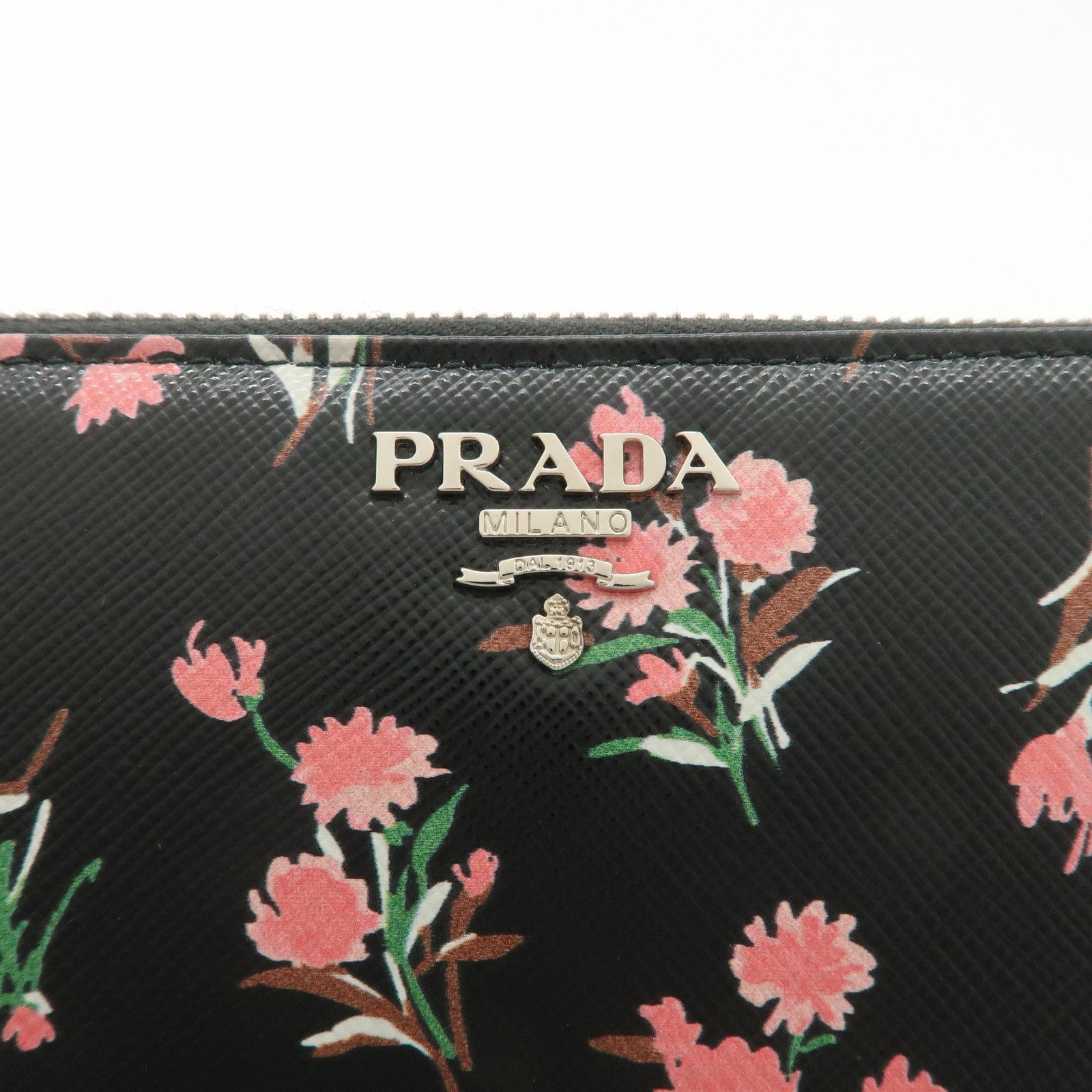 PRADA Logo Leather Round Zipper Long Wallet Flower 1ML506