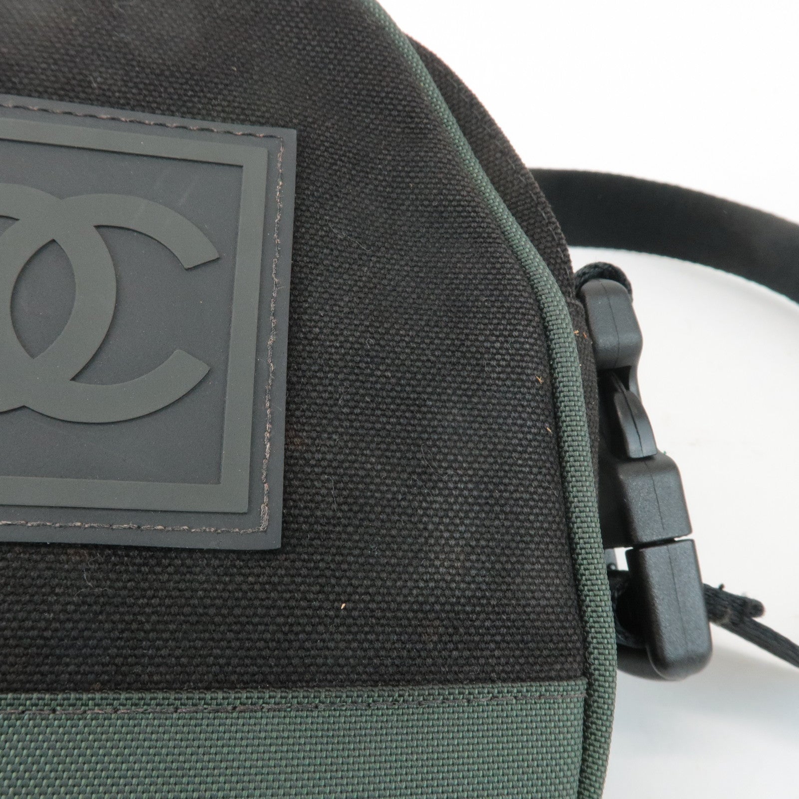 CHANEL Sports COCO Mark Canvas Shoulder Bag Black Green A23300 Used