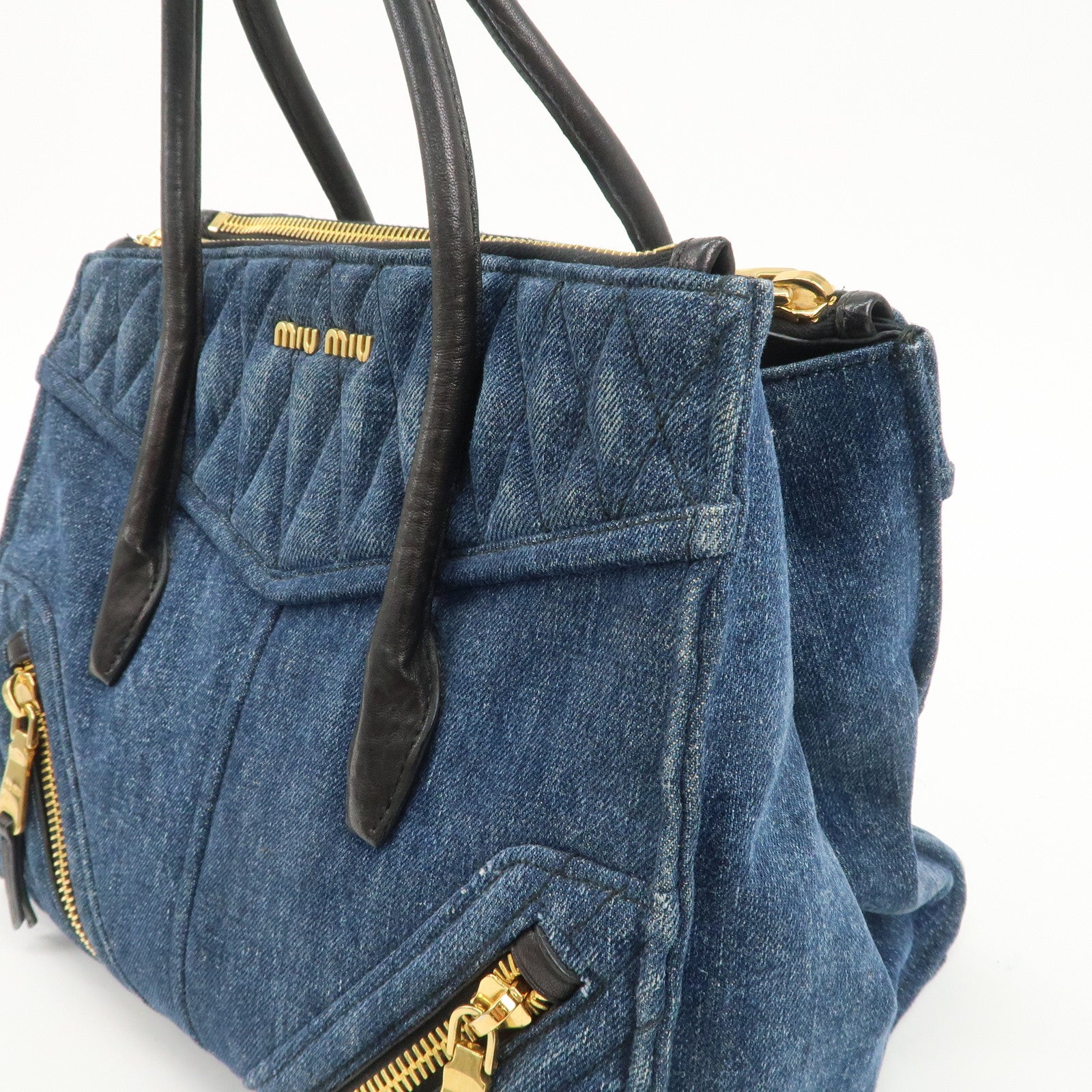 MIU MIU Denim Leather Biker 2WAY Bag Blue Black RN1031