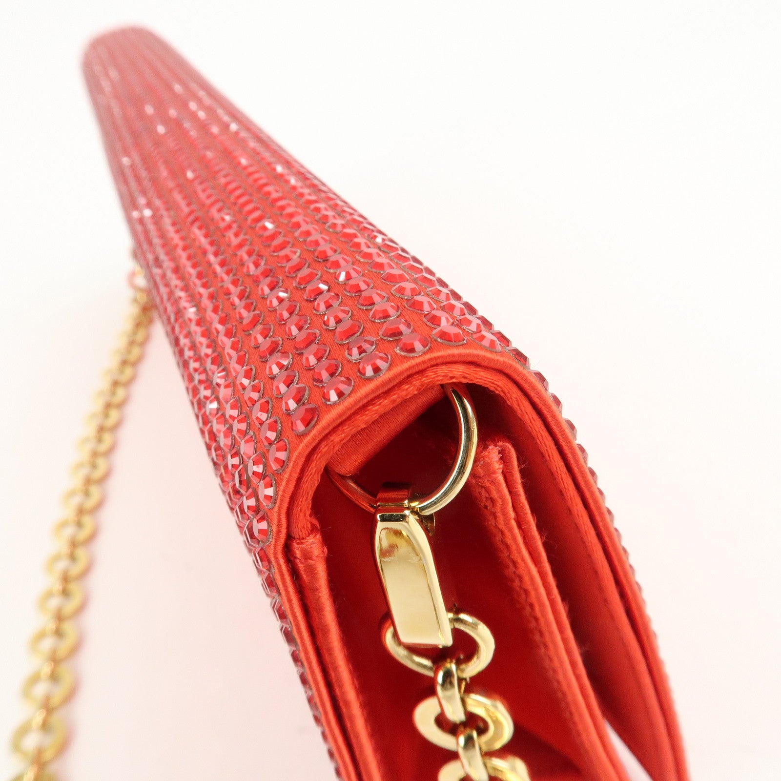 Ferragamo Nylon Rhinestone 2Way Bag Chain Shoulder Bag Red Used