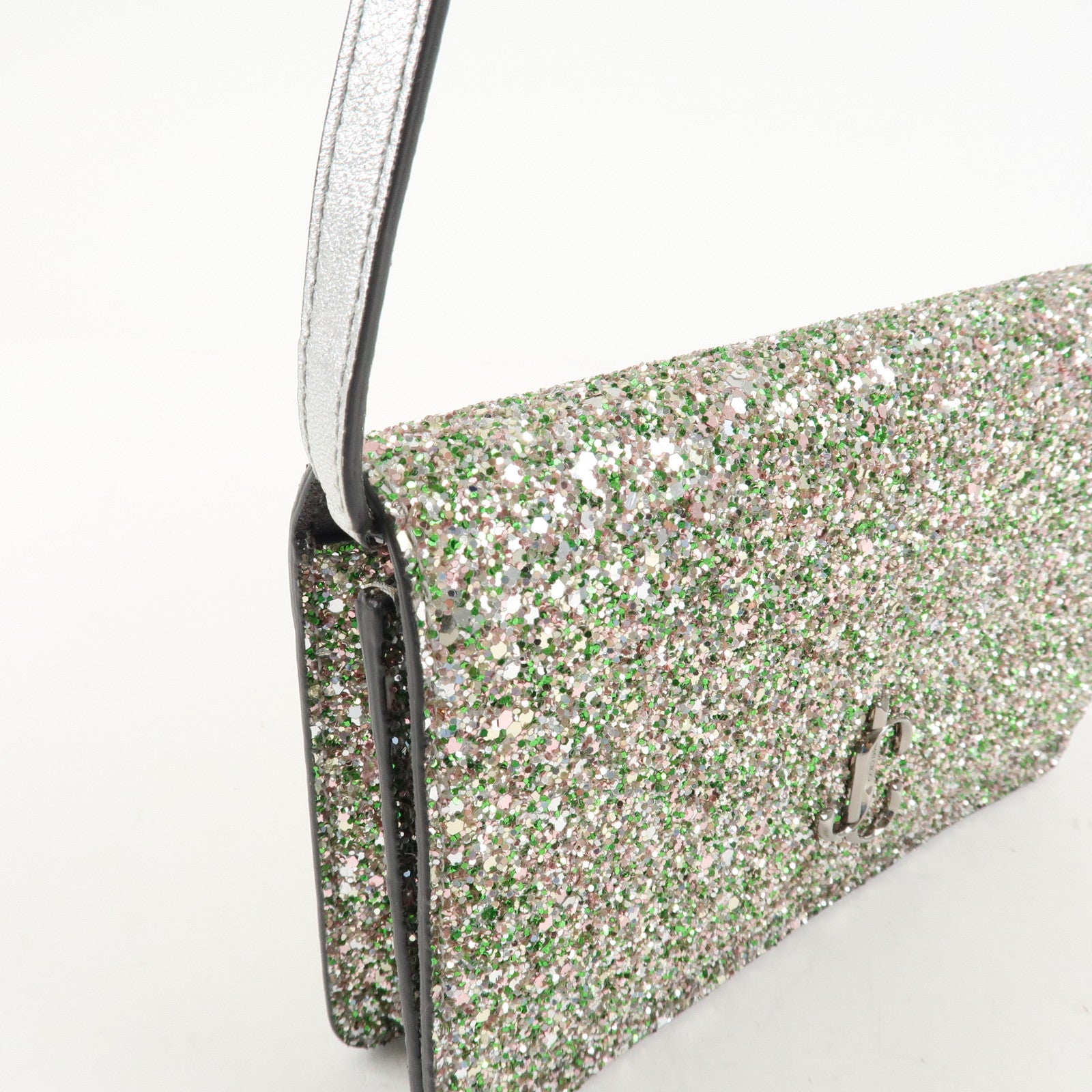 JIMMY CHOO Glitter Leather Shoulder Wallet Bag Green Silver