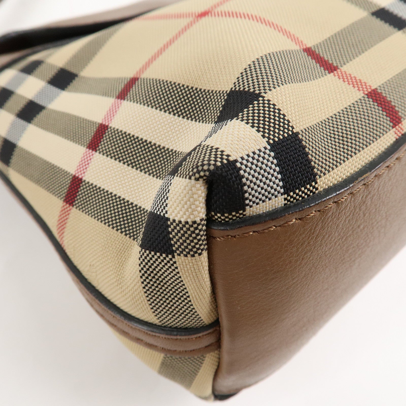 BURBERRY Nylon Leather Nova Plaid Shoulder Bag Beige Brown