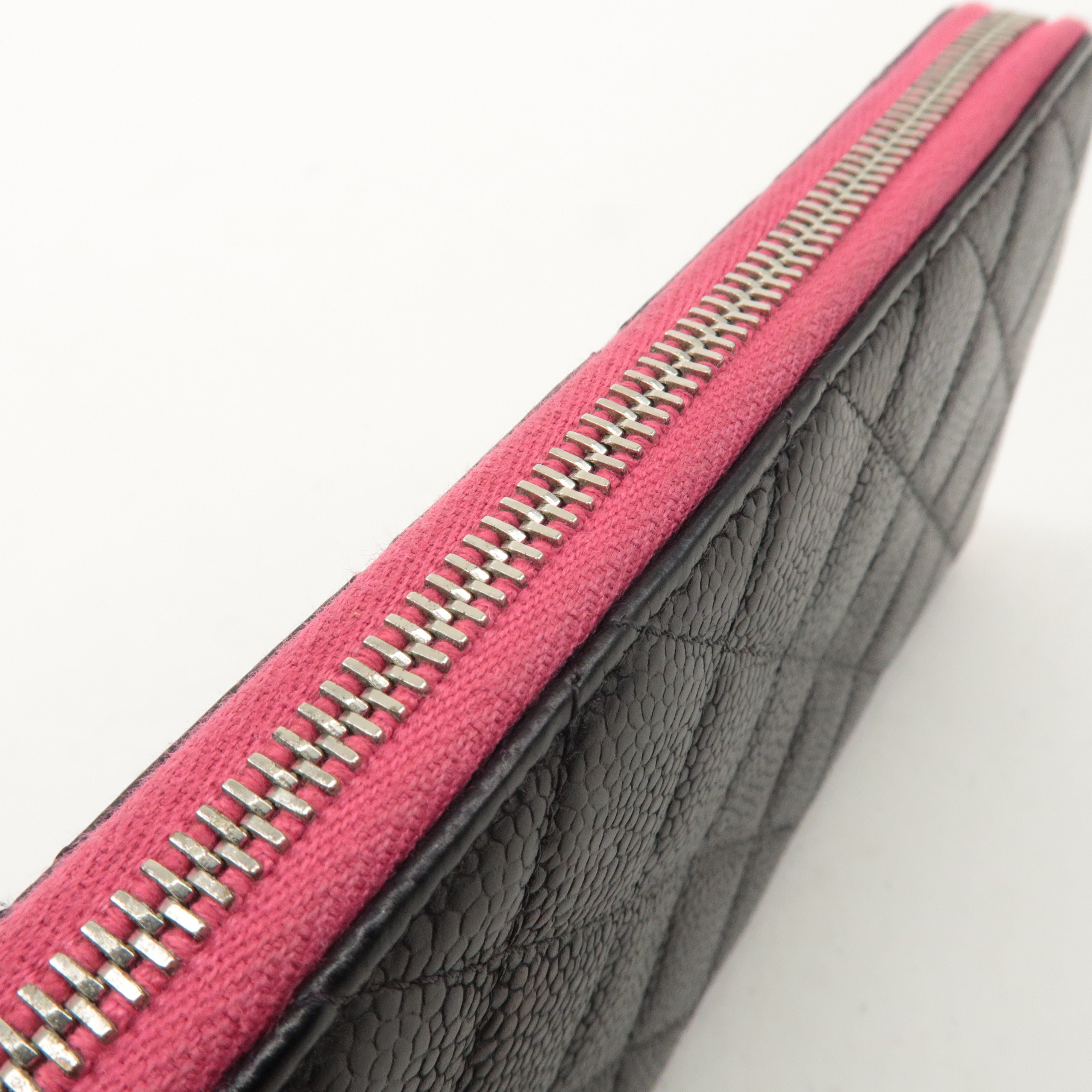 CHANEL Caviar Skin Zip Round Long Wallet Black Pink