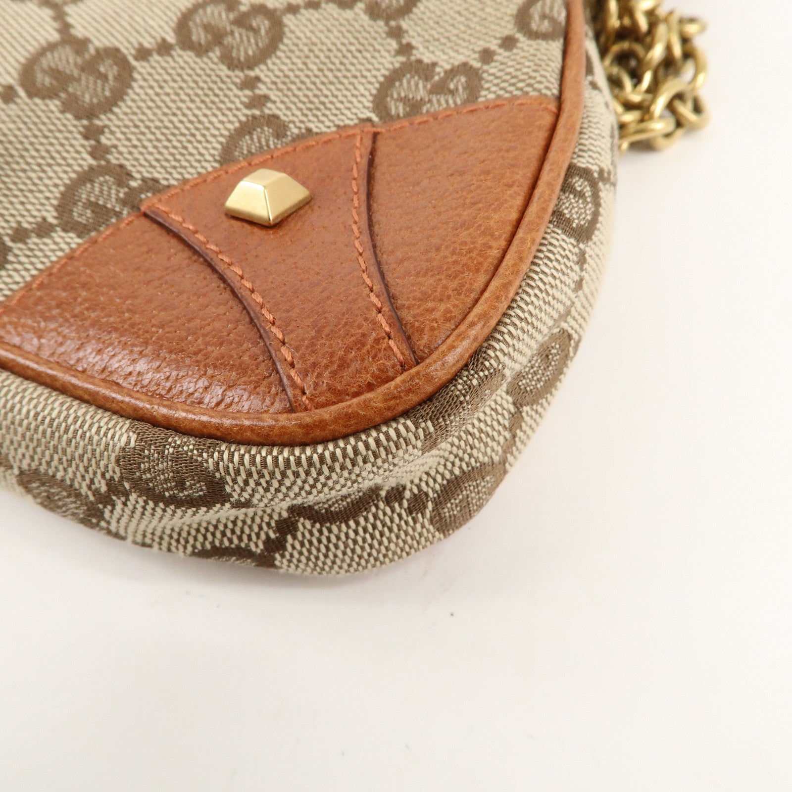 GUCCI GG Canvas Leather Chain Hand Bag Pouch Beige Brown 120940