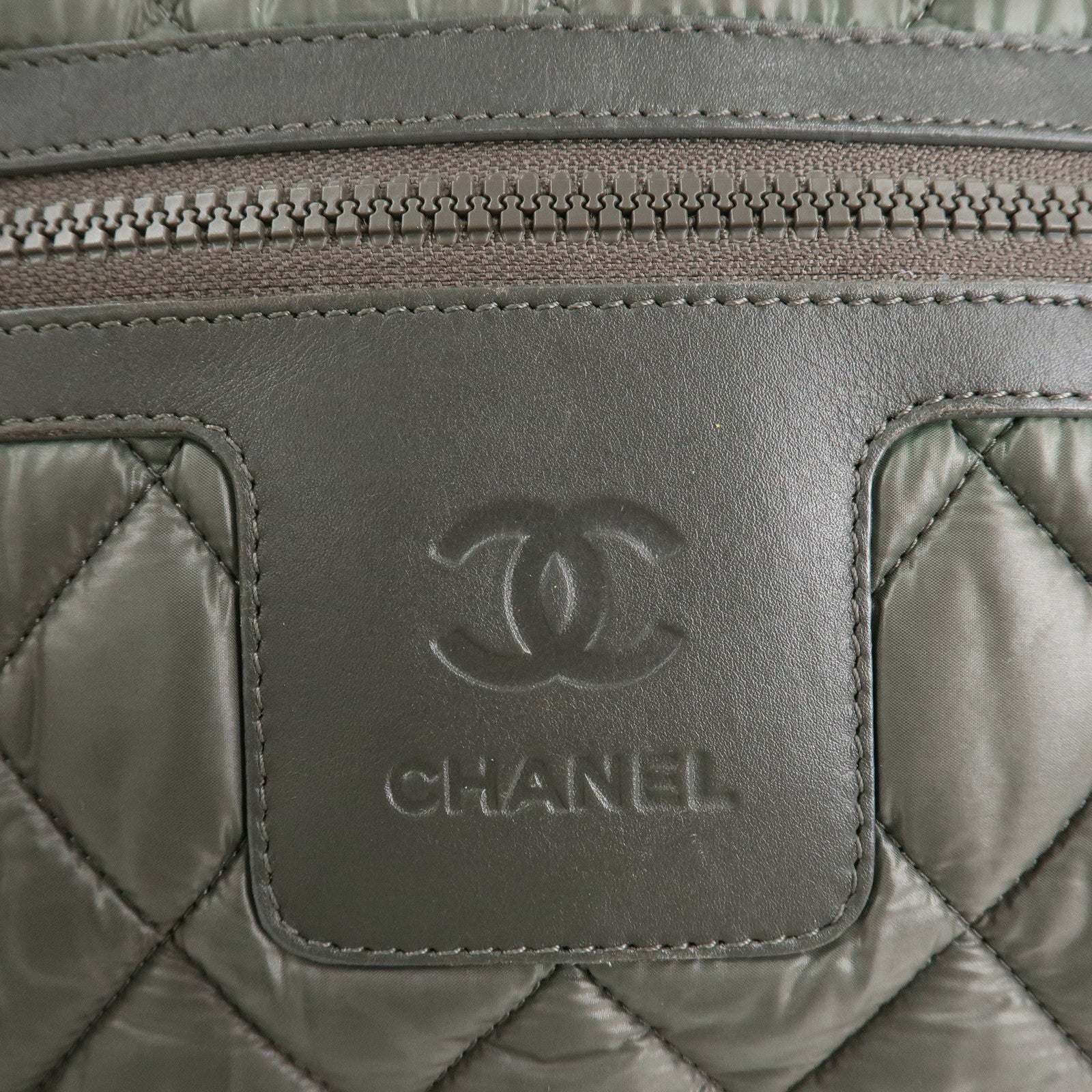 CHANEL COCO Cocoon Nylon Leather Tote Bag Khaki Used