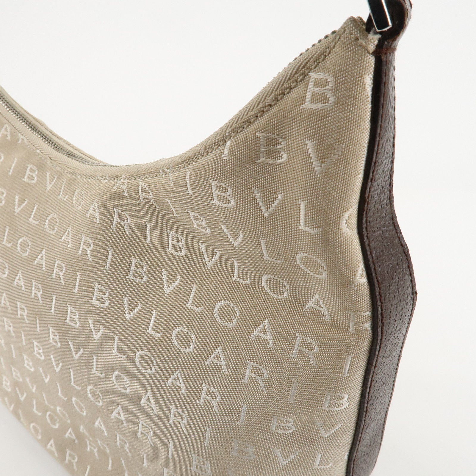 BVLGARI Logomania Canvas Leather Shoulder Bag Beige Dark Brown