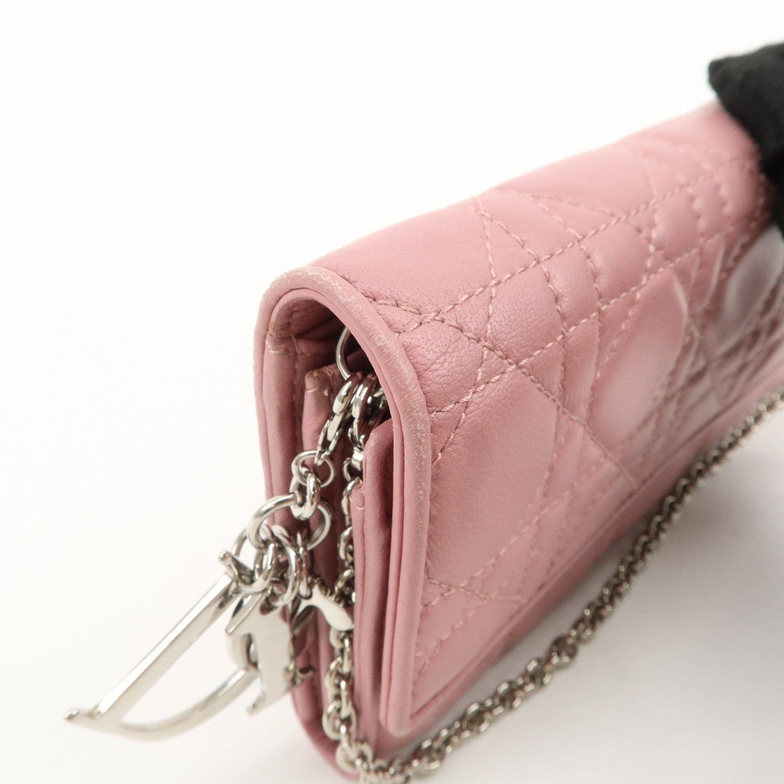 Christian Dior Cannage Dior Leather Chain Wallet Pink Used