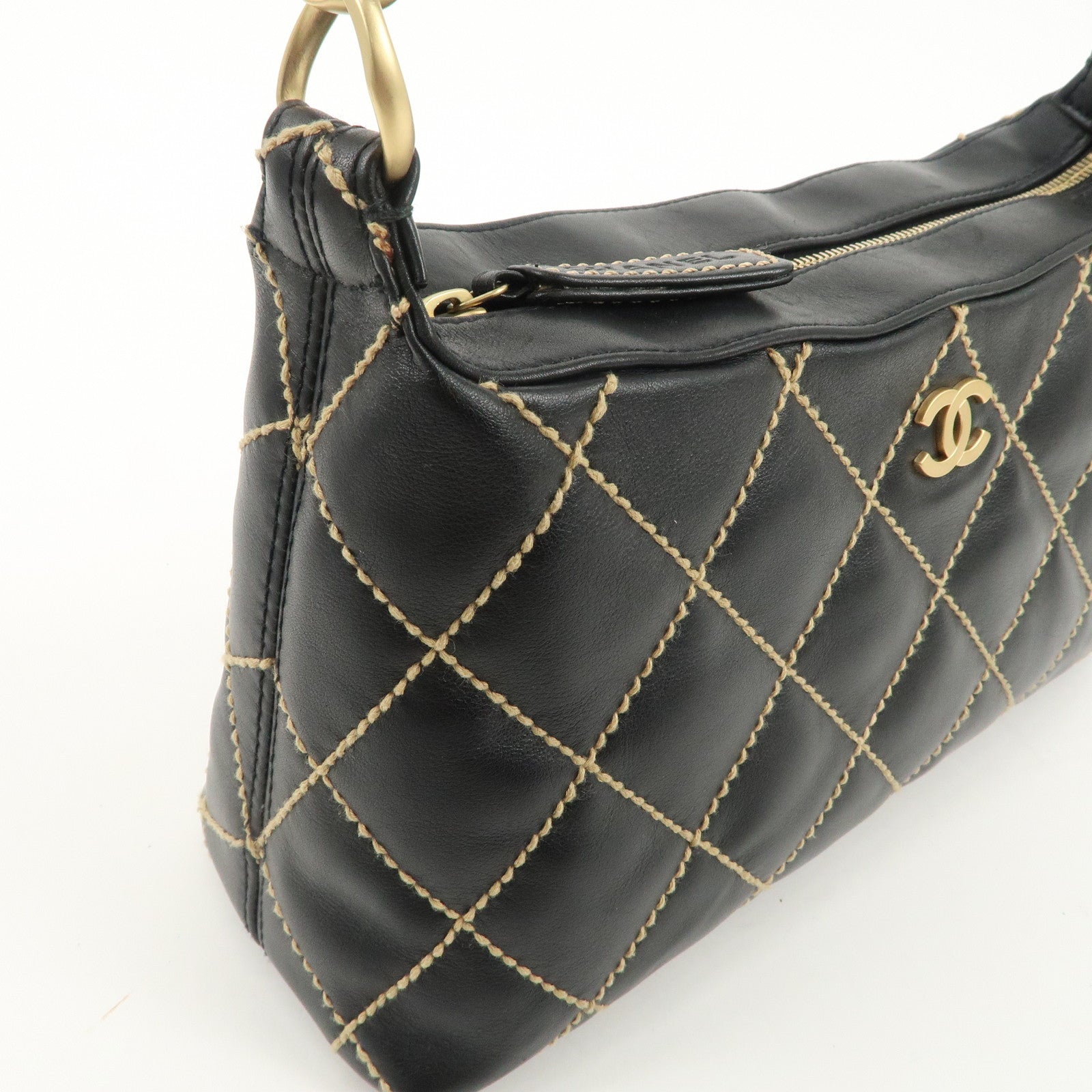 CHANEL Wild Stitch Lamb Skin Shoulder Bag Hand Bag Black A20663 Used