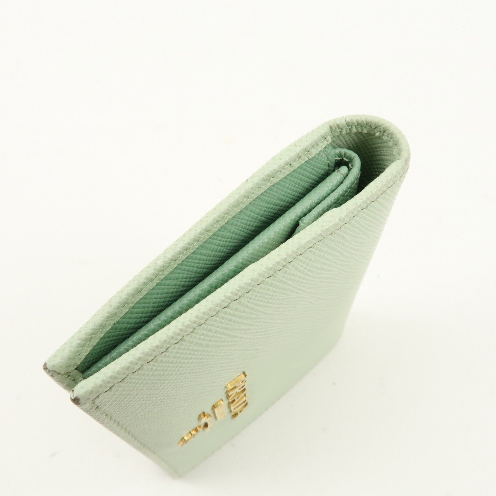 PRADA Logo Saffiano Leather Bi-Fold Small Wallet Light Green