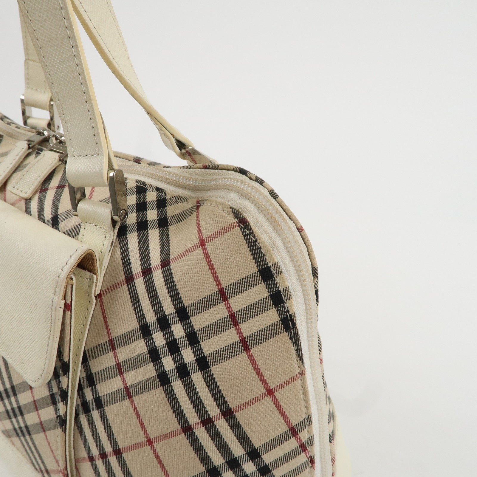 BURBERRY  Nova Plaid Canvas Leather Boston Bag Hand Bag