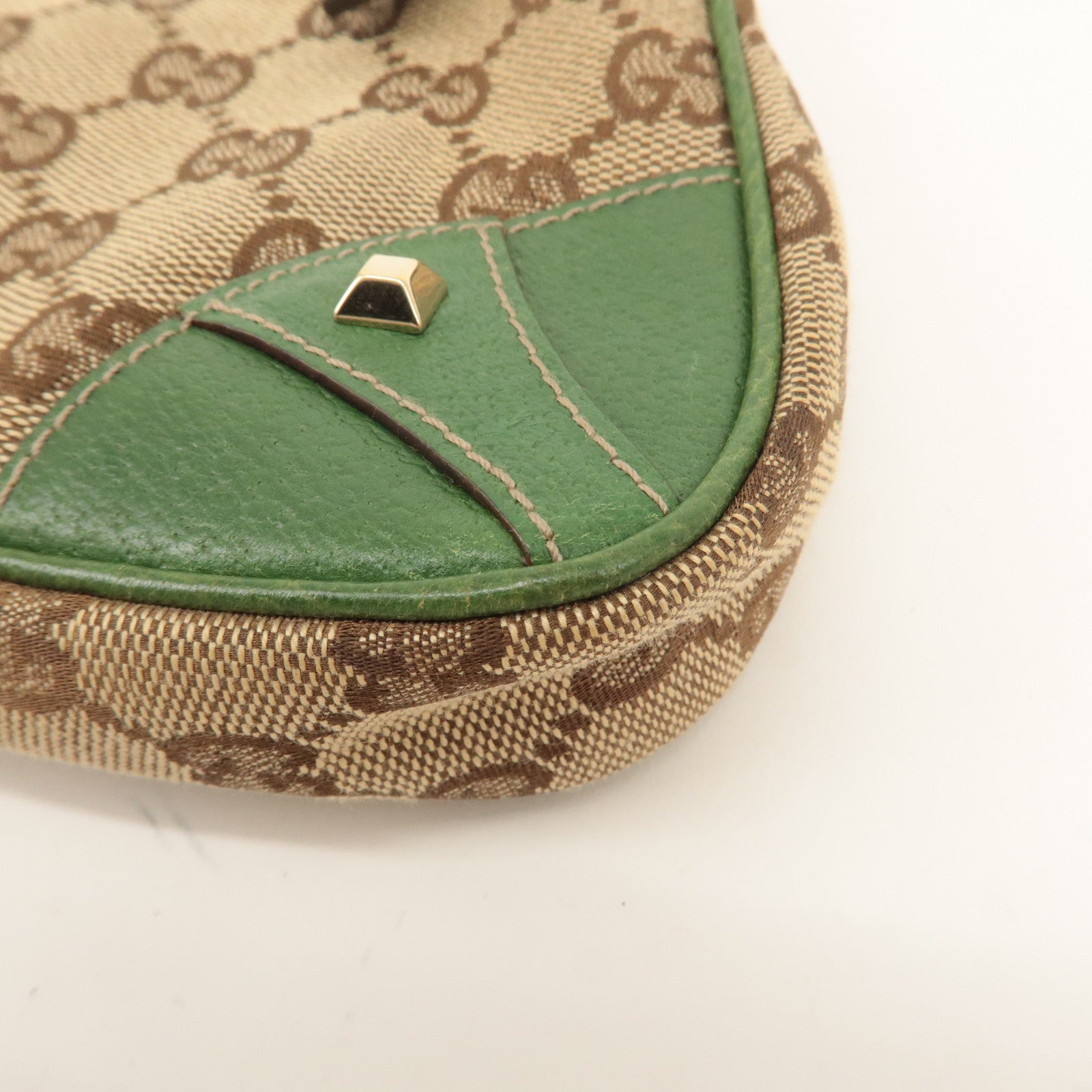 GUCCI GG Canvas Leather Chain Hand Bag Pouch Beige Green 120940