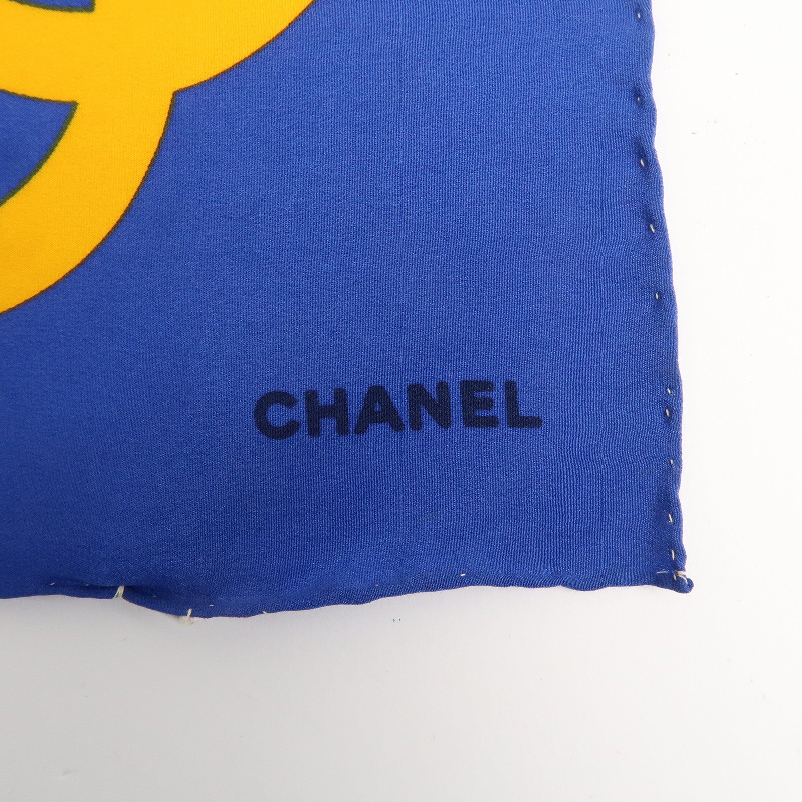 CHANEL 100% Silk Scarf 90×90 Blue Yellow Red