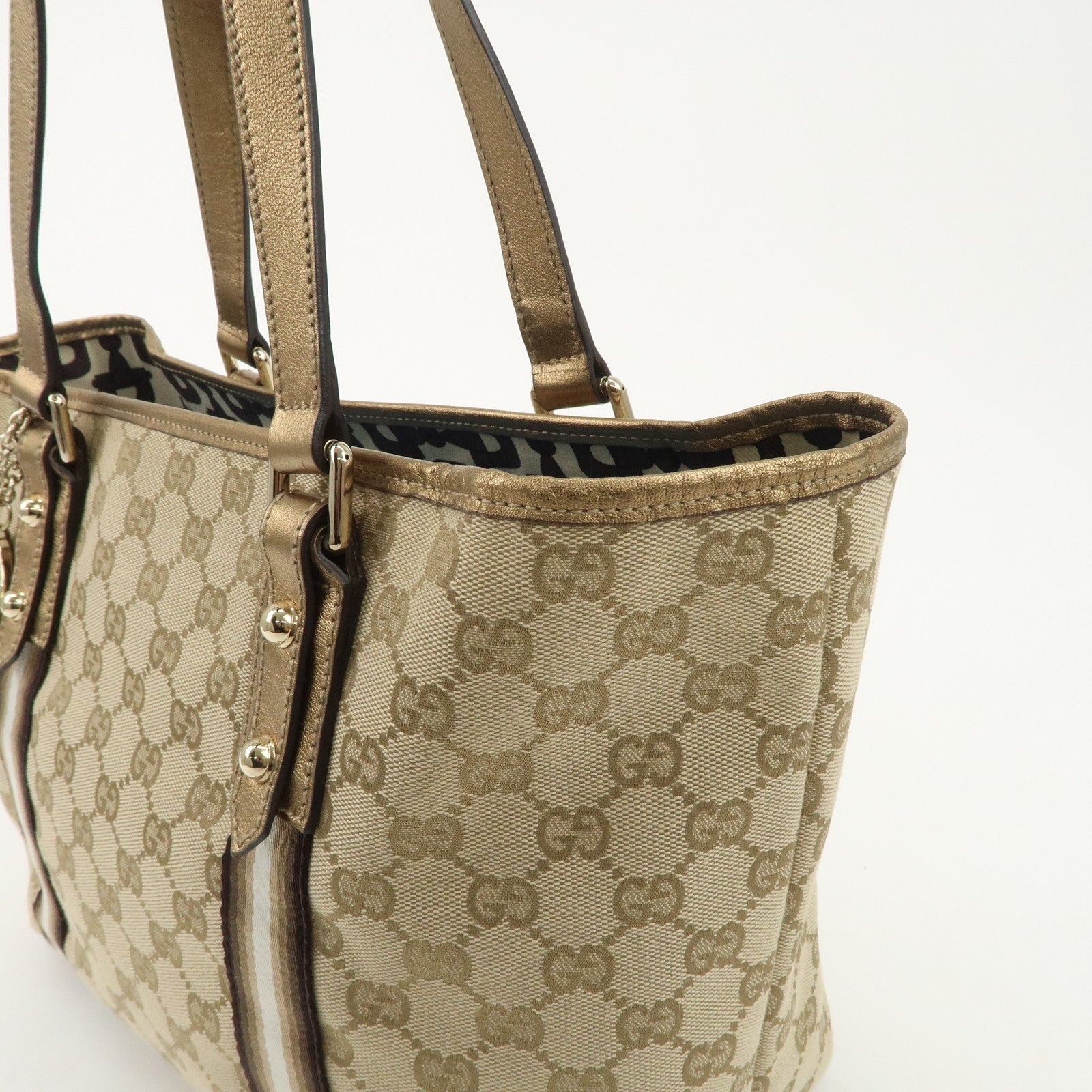 GUCCI Sherry GG Canvas Leather Tote Bag Beige Gold 137396