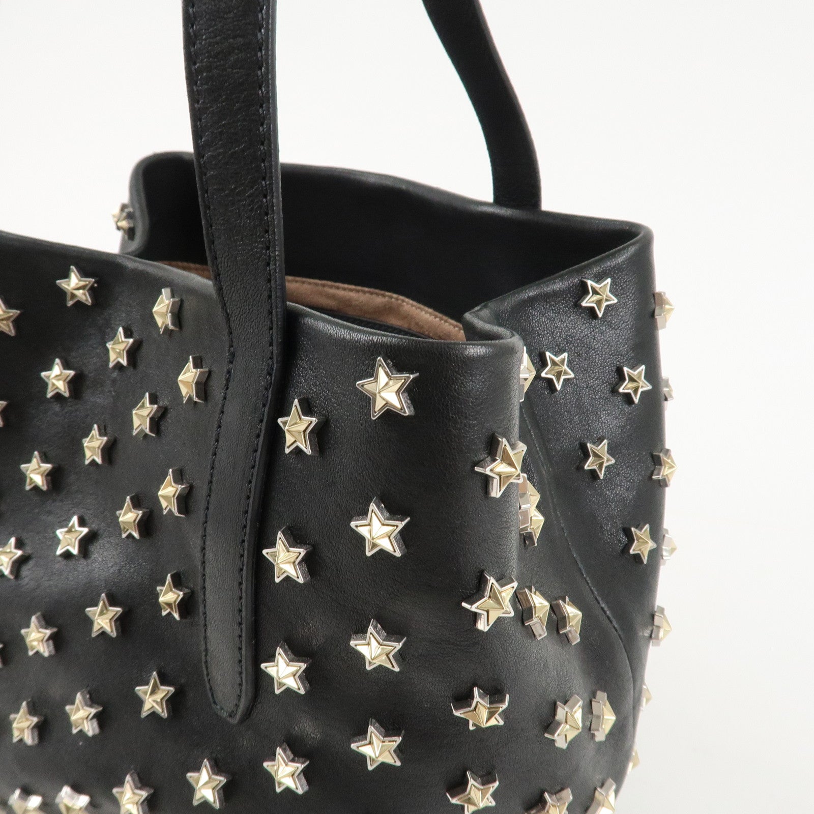 JIMMY CHOO Leather Tote Bag Hand Bag Star Studs Black Gold HDW