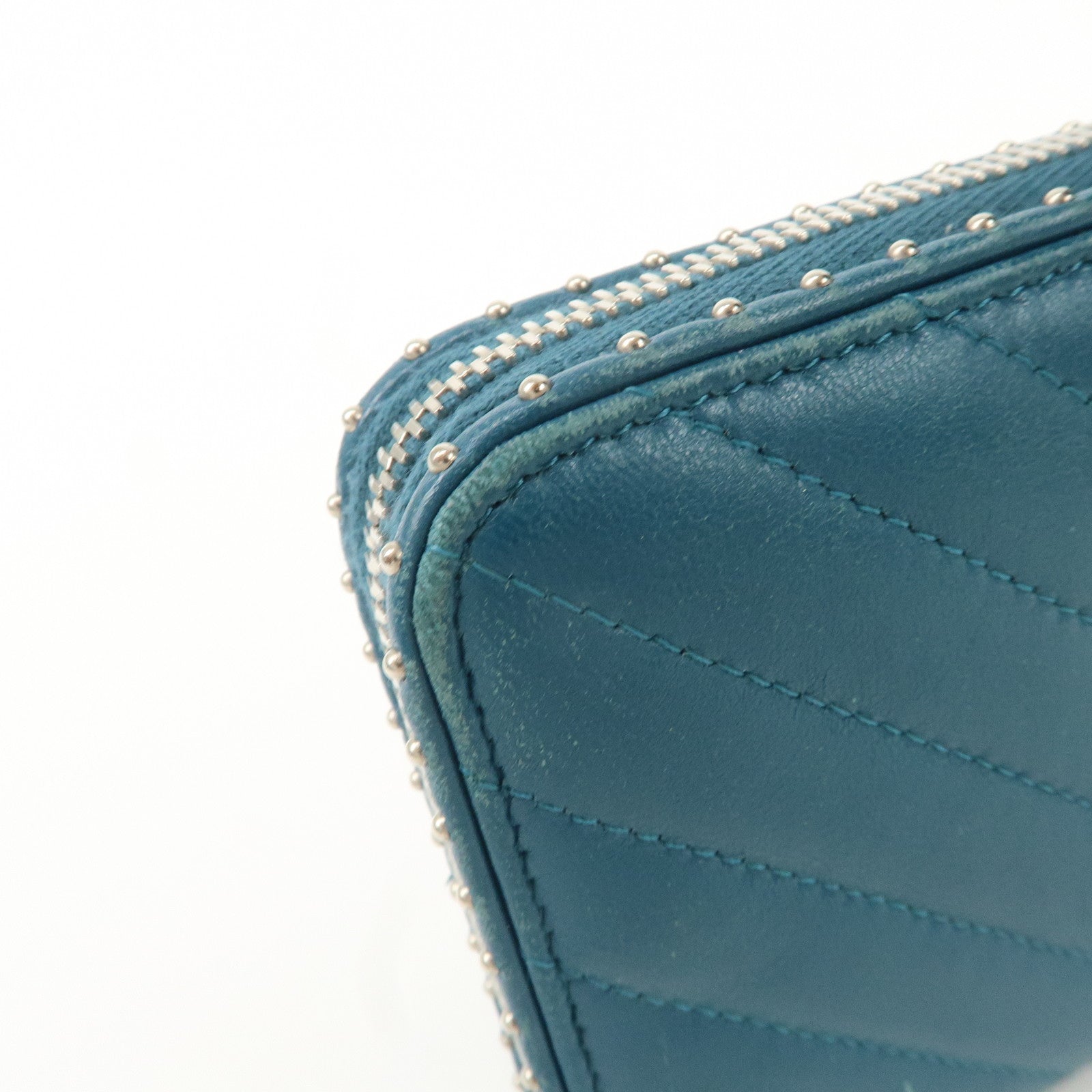 CHANEL V Stich Lamb Skin Coco Mark Studs Long Wallet Blue A50097 Used