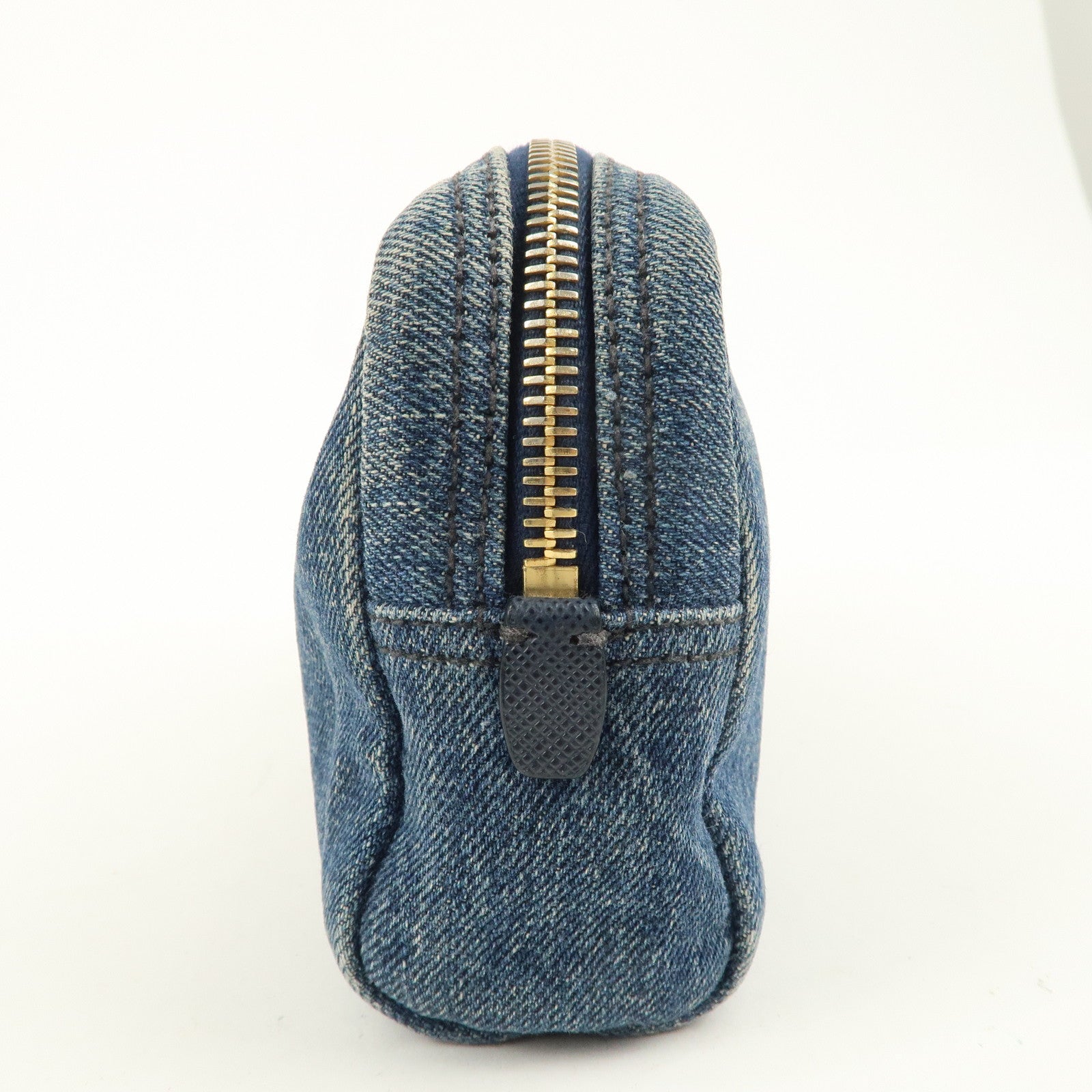 PRADA Triangle Logo Denim Pouch Cosmetic Pouch Blue Gold Hardware