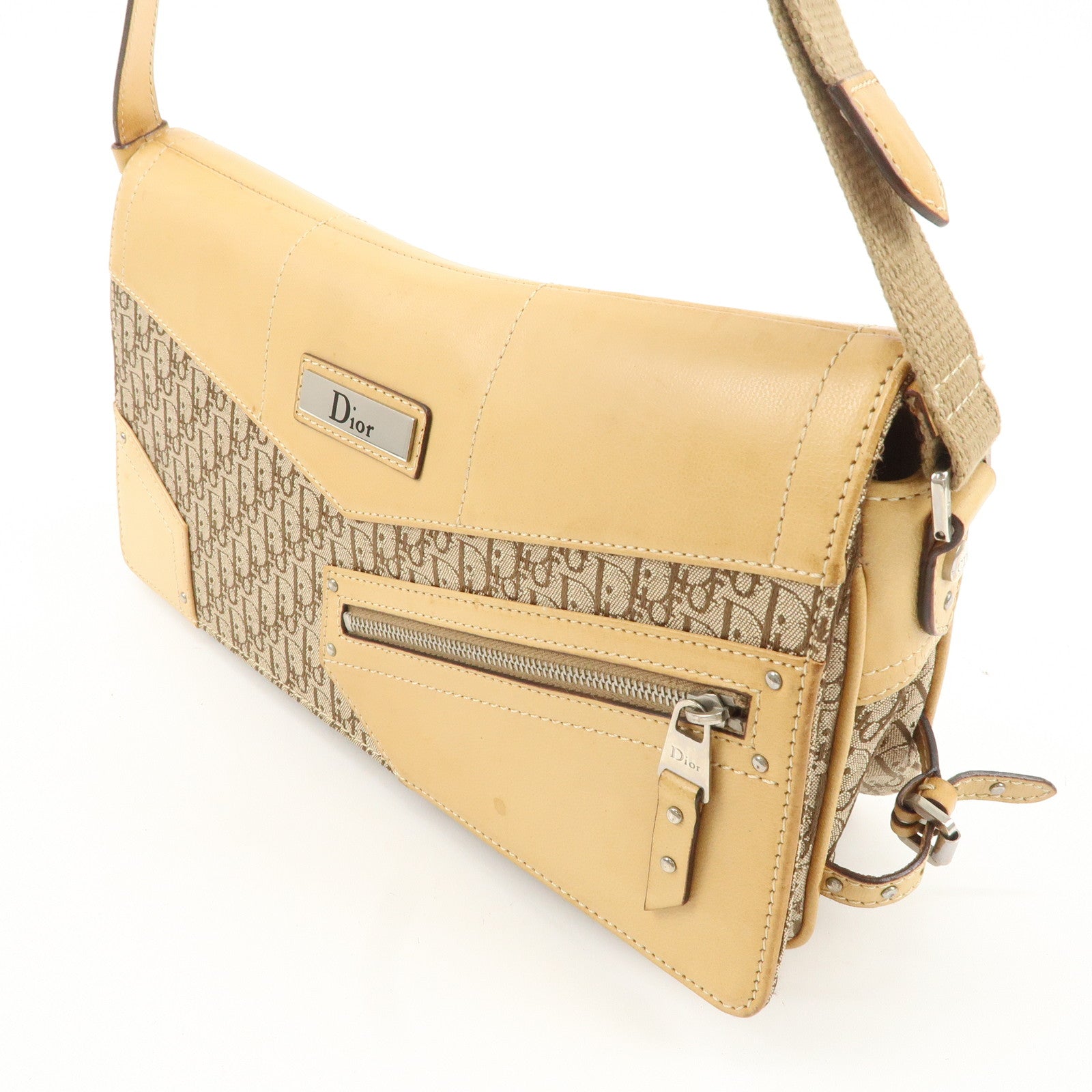 Christian Dior Trotter Canvas Leather Shoulder Bag Beige