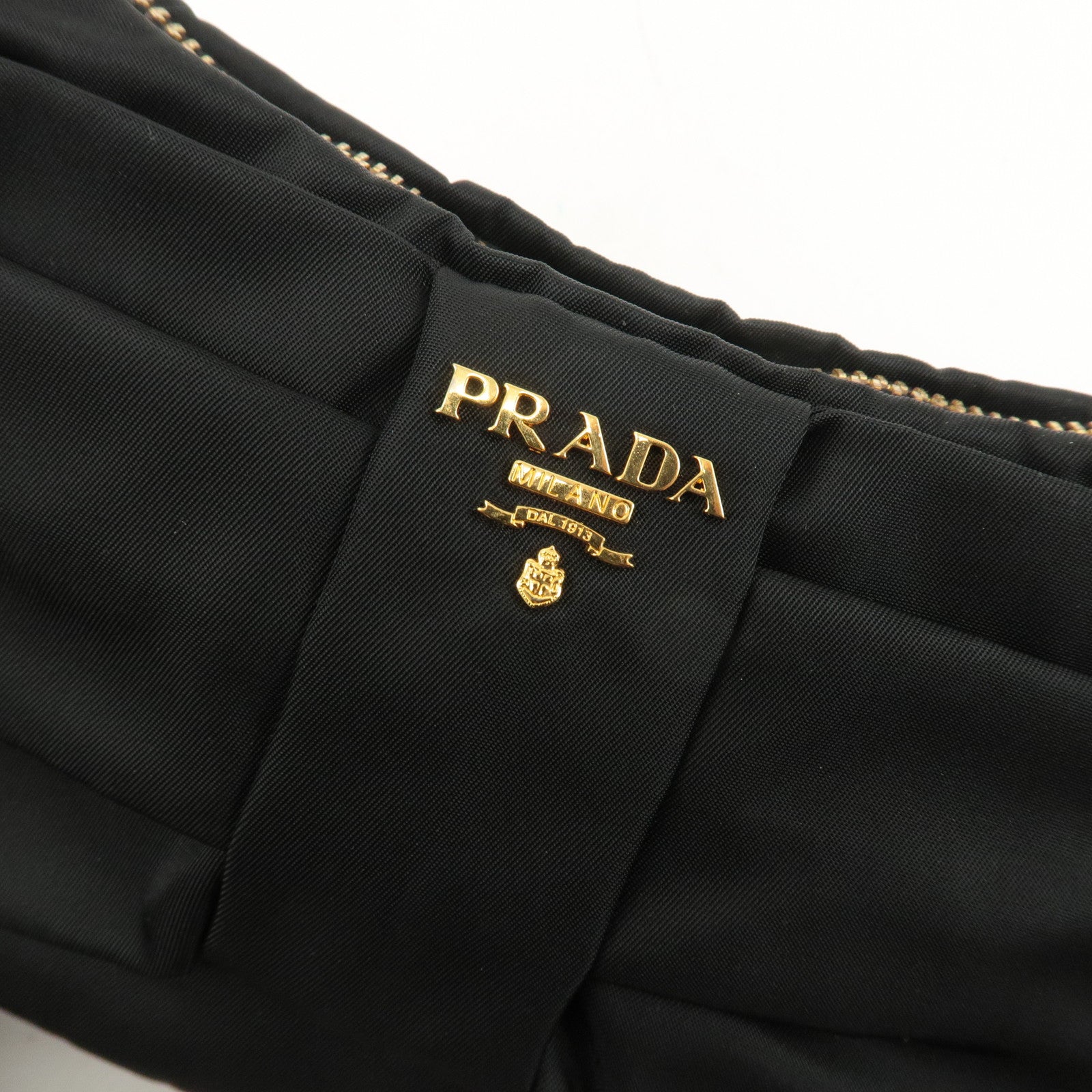 PRADA Leather Ribbon Pouch Shoulder Bag Black 1N1439