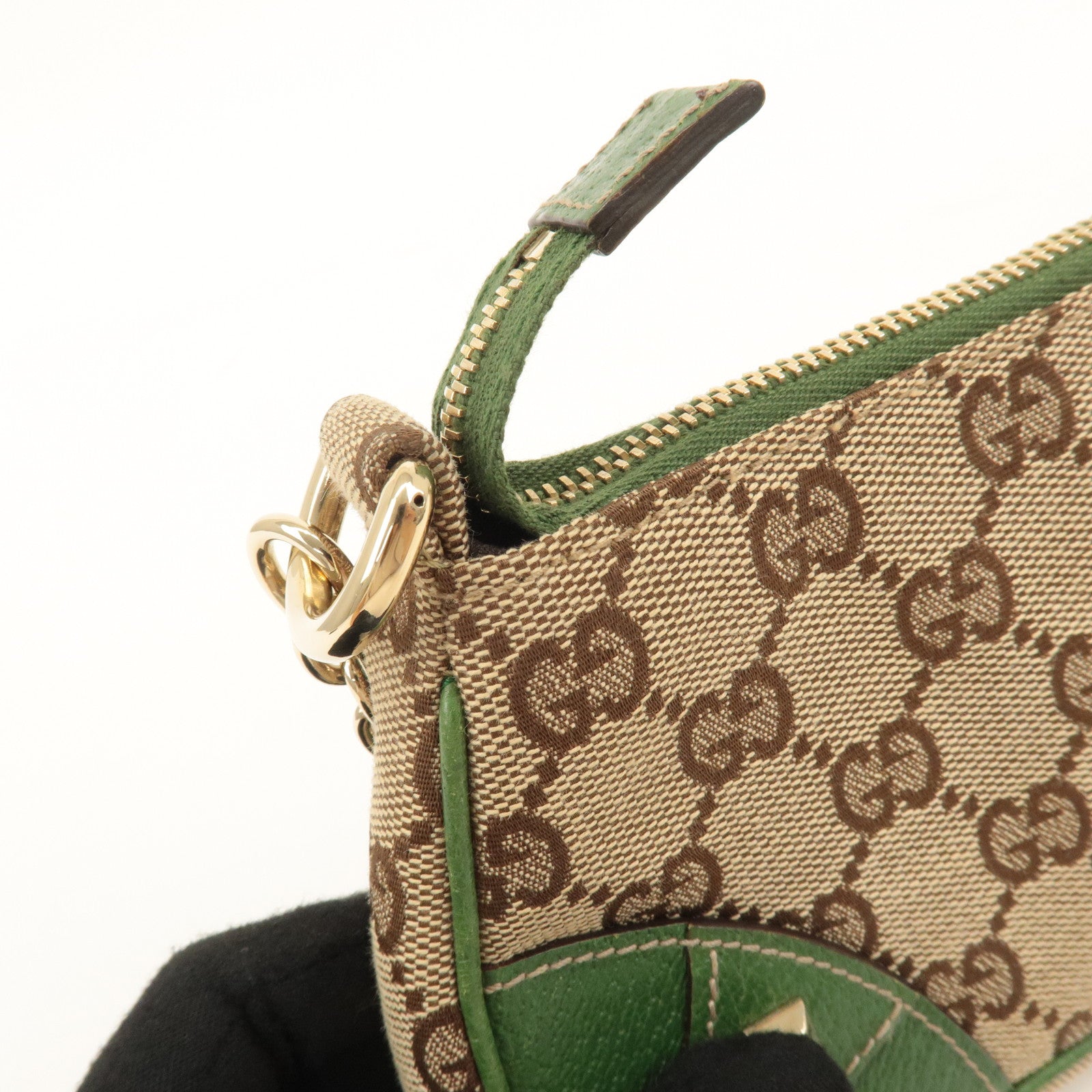 GUCCI GG Canvas Leather Chain Hand Bag Pouch Beige Green 120940