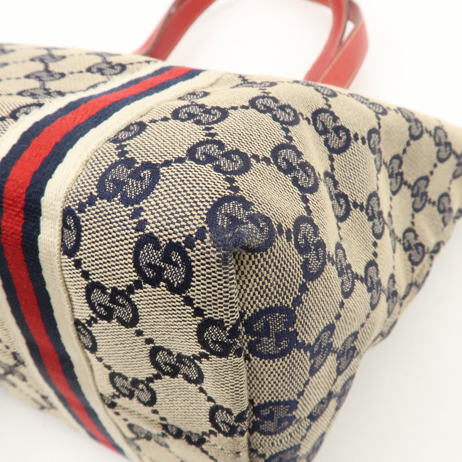 GUCCI Sherry GG Canvas Leather Tote Bag Beige Red Navy 137396